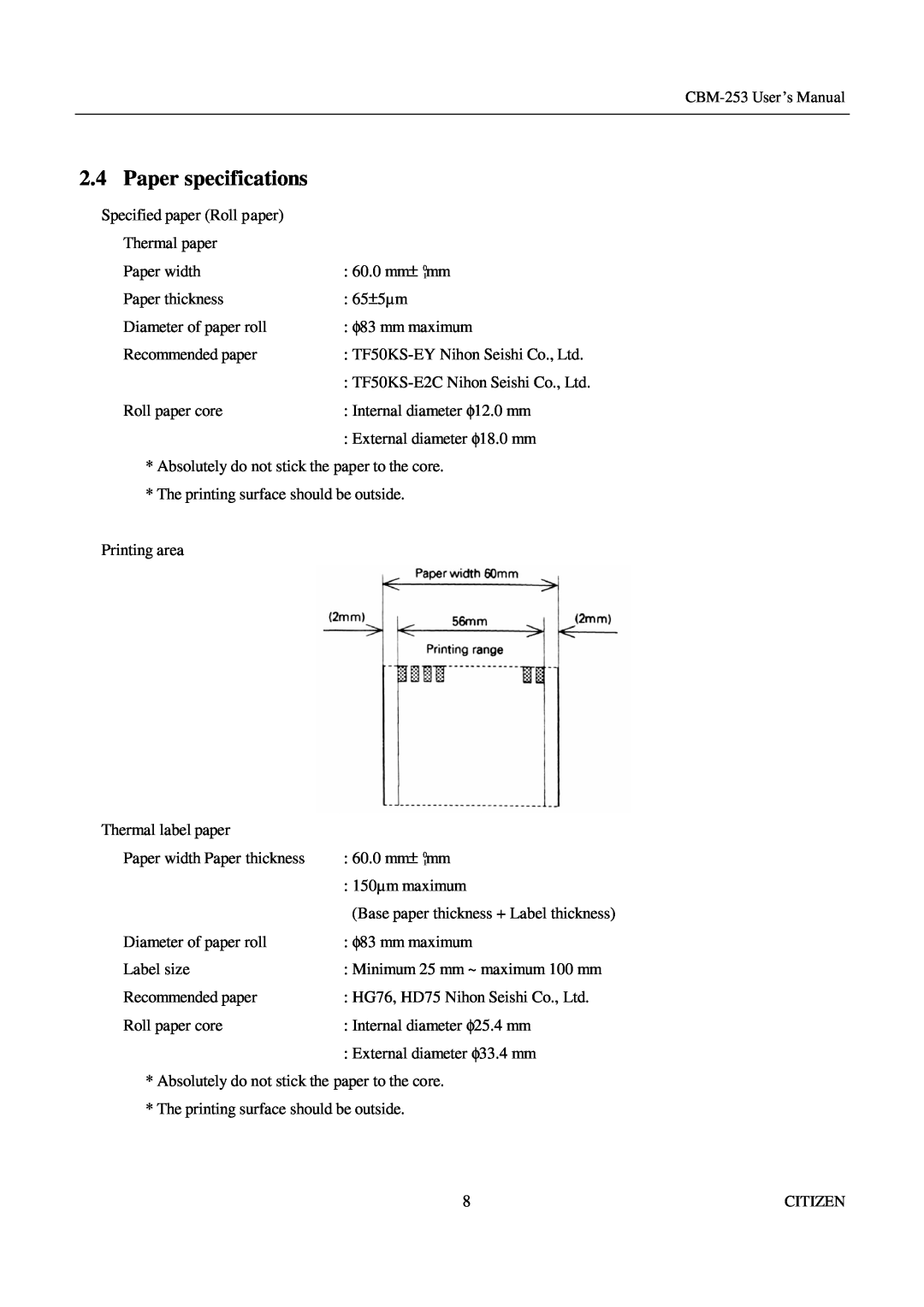 Citizen Systems CBM-253 manual Paper specifications 