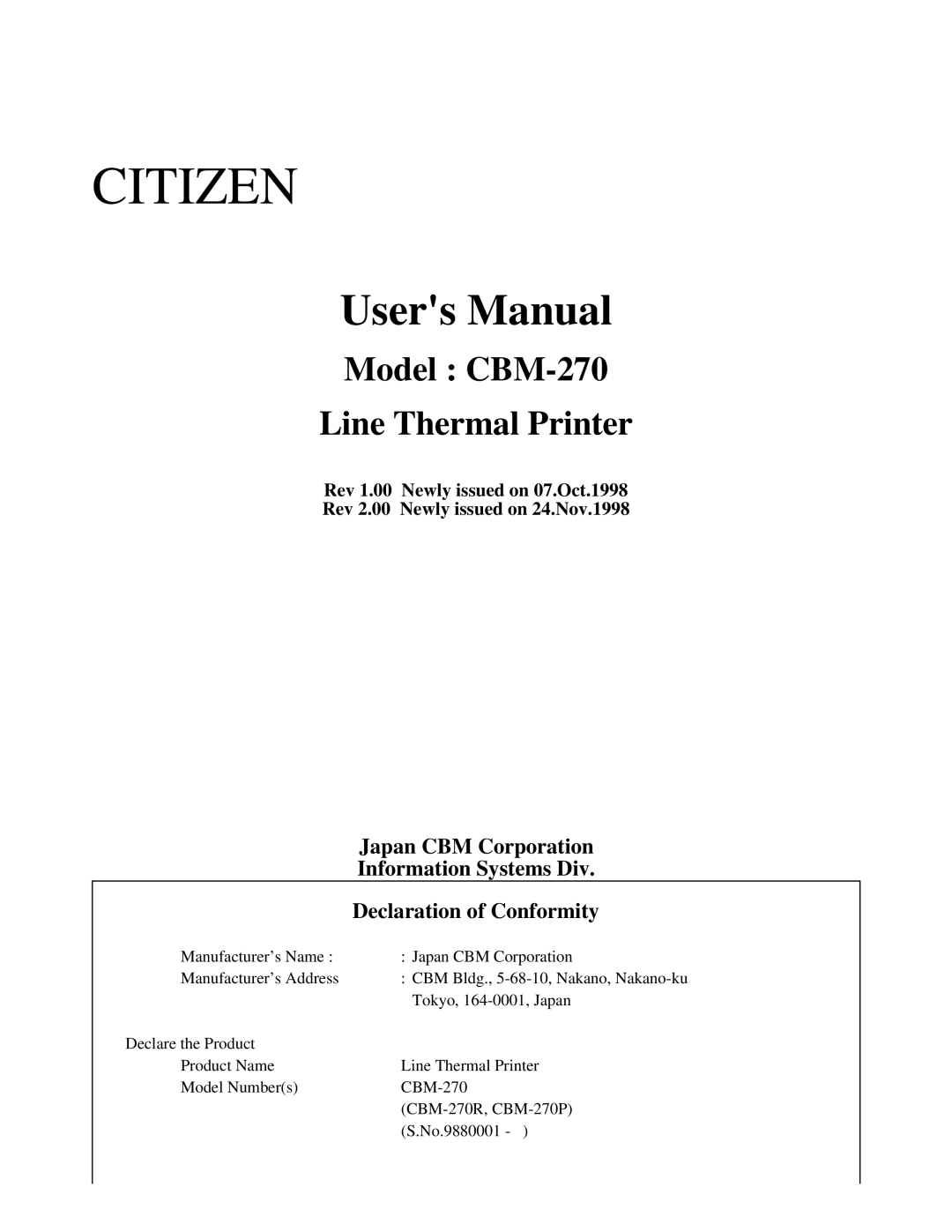 Citizen Systems CBM-270 user manual Citizen 