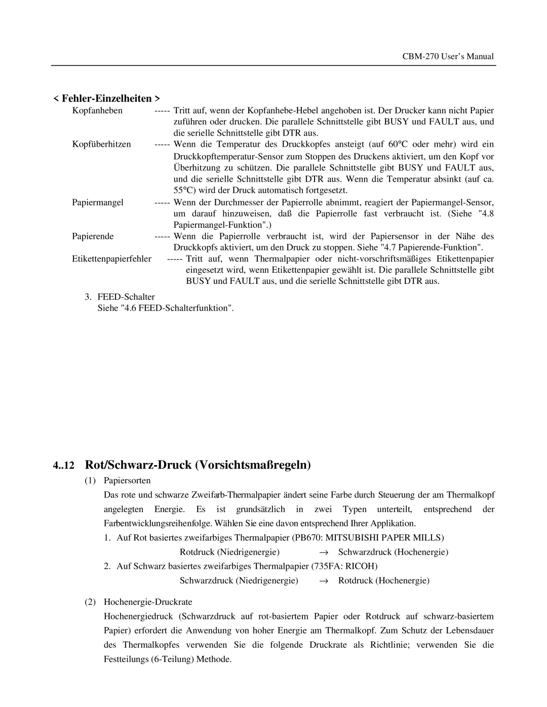 Citizen Systems CBM-270 user manual 12 Rot/Schwarz-Druck Vorsichtsmaßregeln, Fehler-Einzelheiten 