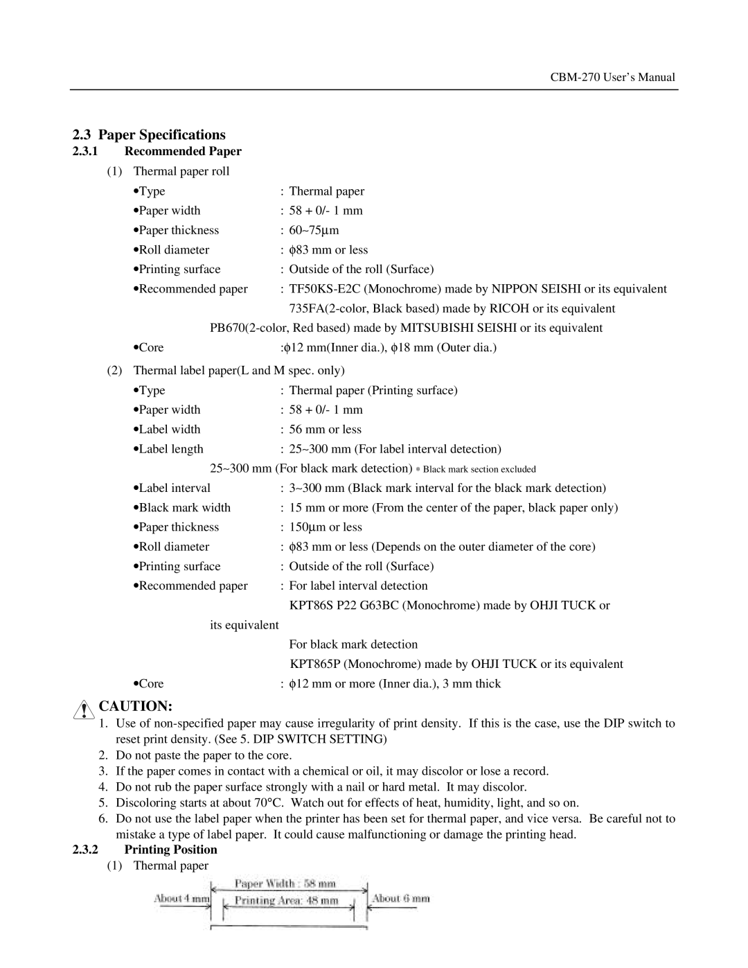 Citizen Systems CBM-270 user manual Paper Specifications, Recommended Paper, Printing Position 