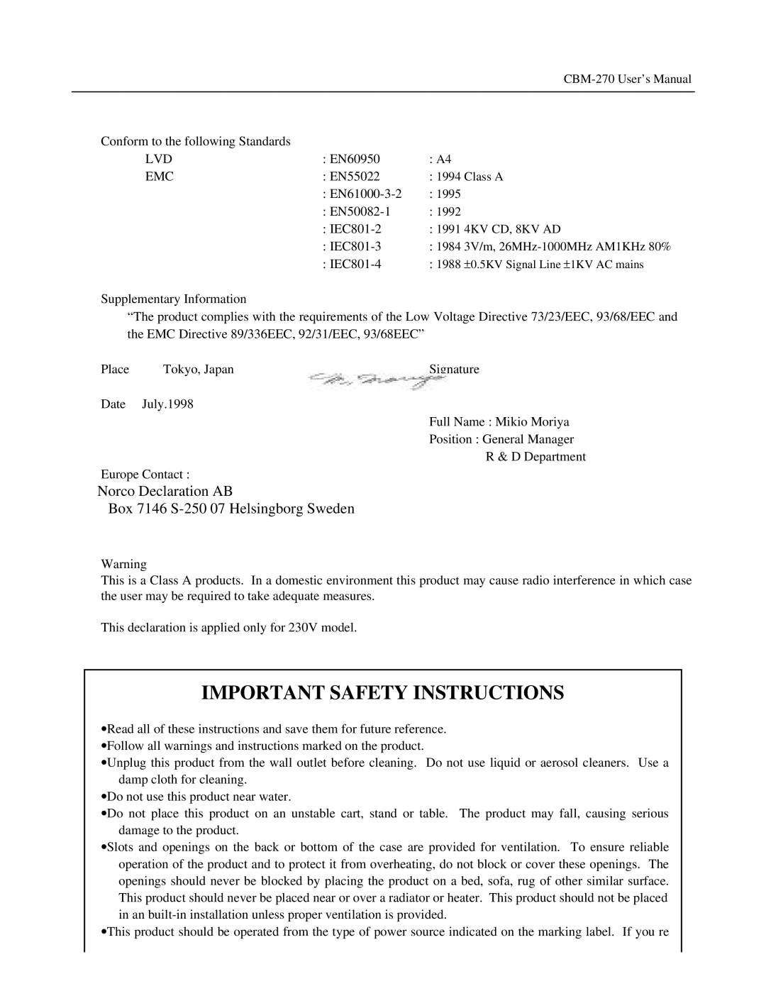 Citizen Systems CBM-270 user manual Lvd, Emc 