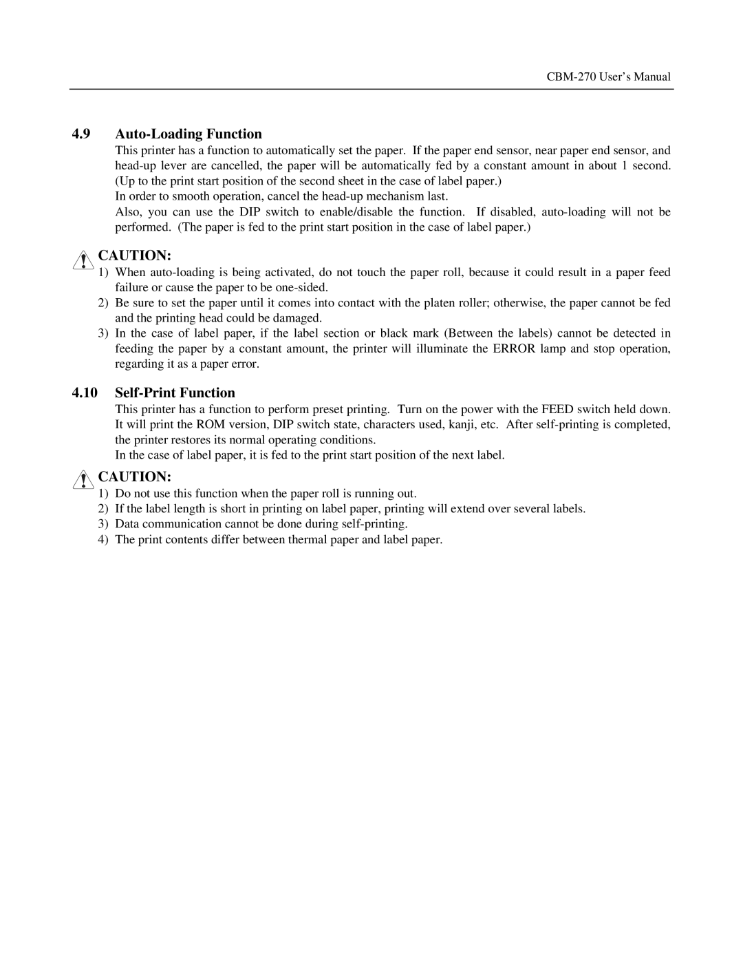 Citizen Systems CBM-270 user manual Auto-Loading Function, Self-Print Function 