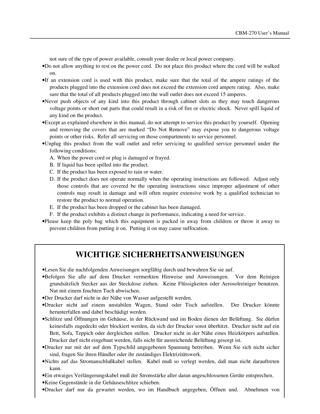 Citizen Systems CBM-270 user manual Wichtige Sicherheitsanweisungen 