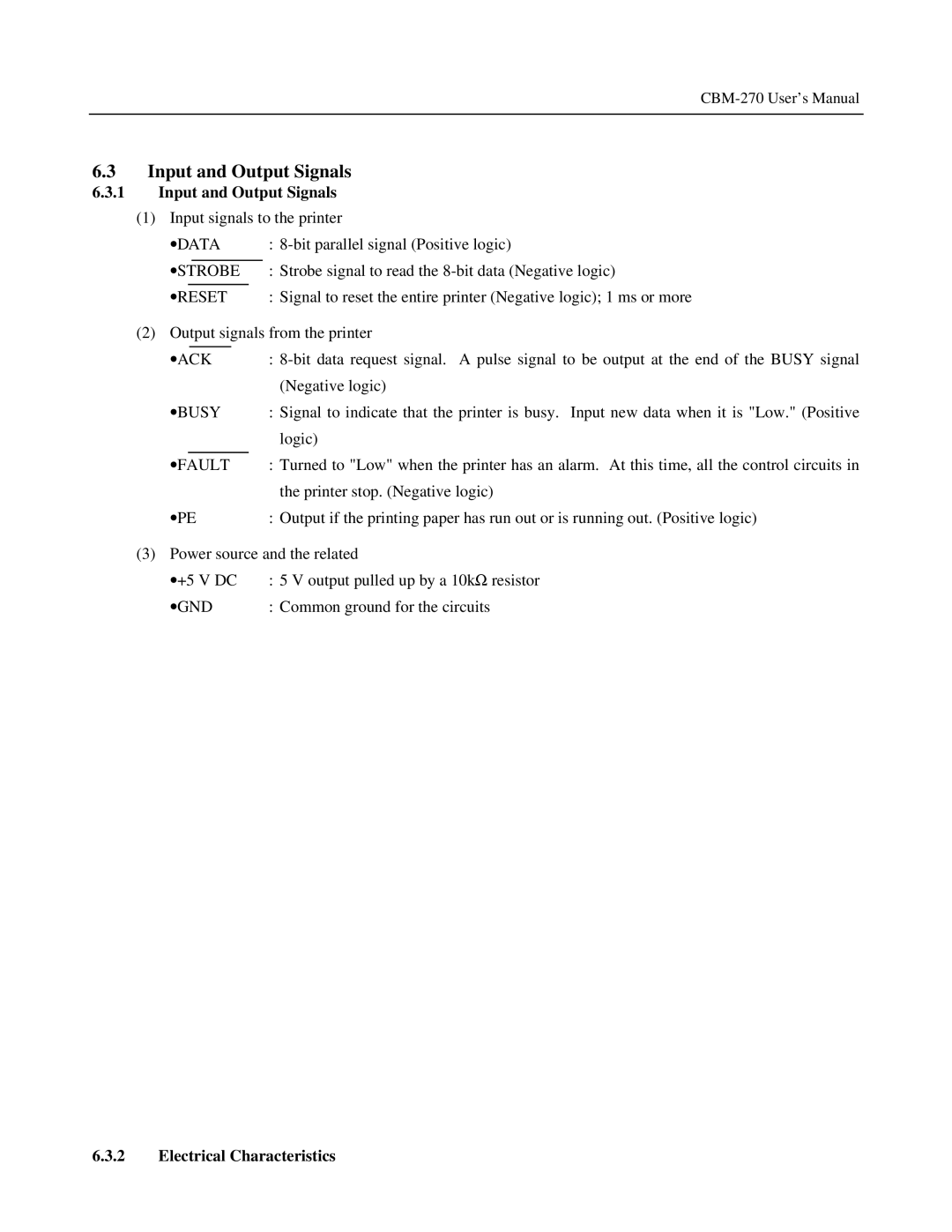 Citizen Systems CBM-270 user manual Input and Output Signals, Electrical Characteristics 