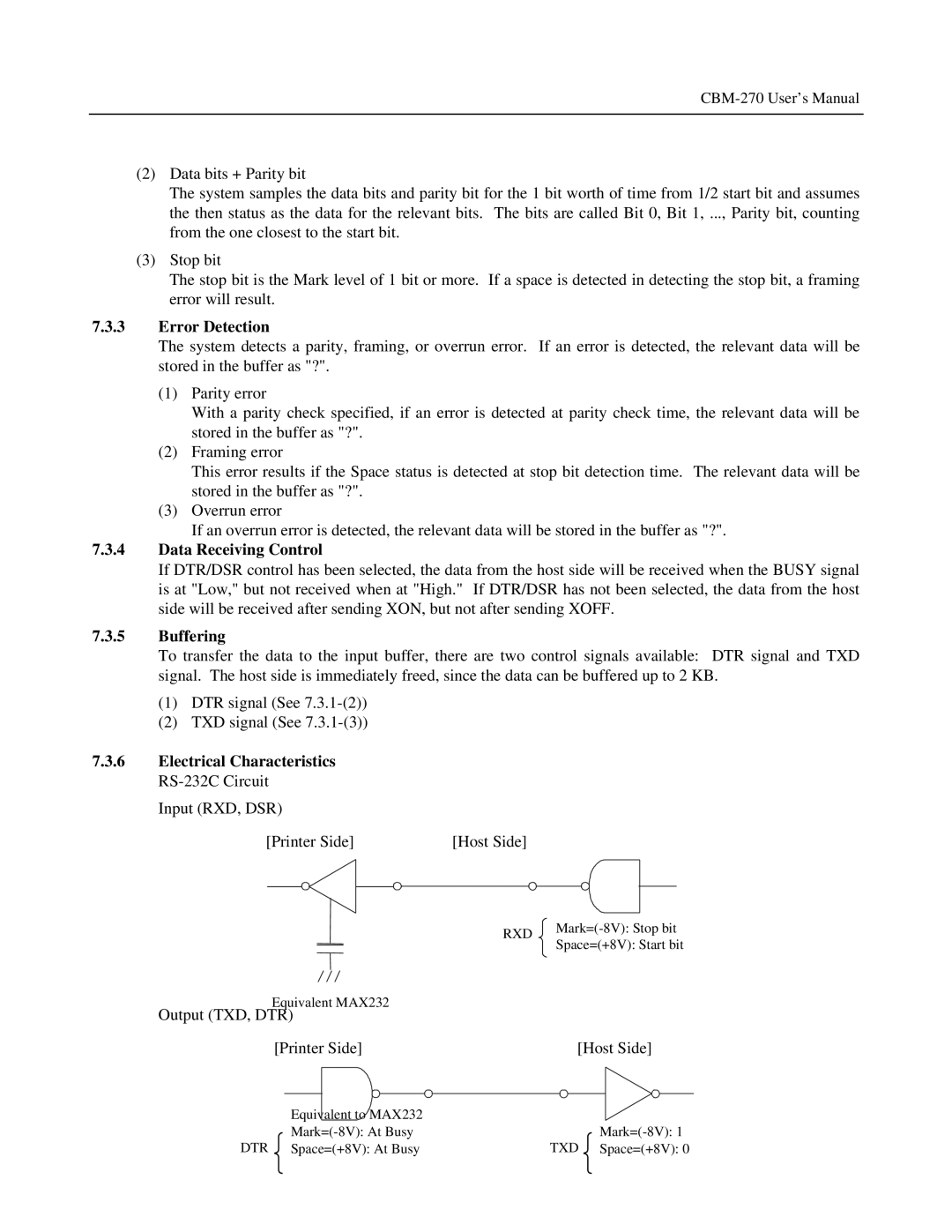 Citizen Systems CBM-270 user manual Error Detection, Output TXD, DTR Printer Side Host Side 