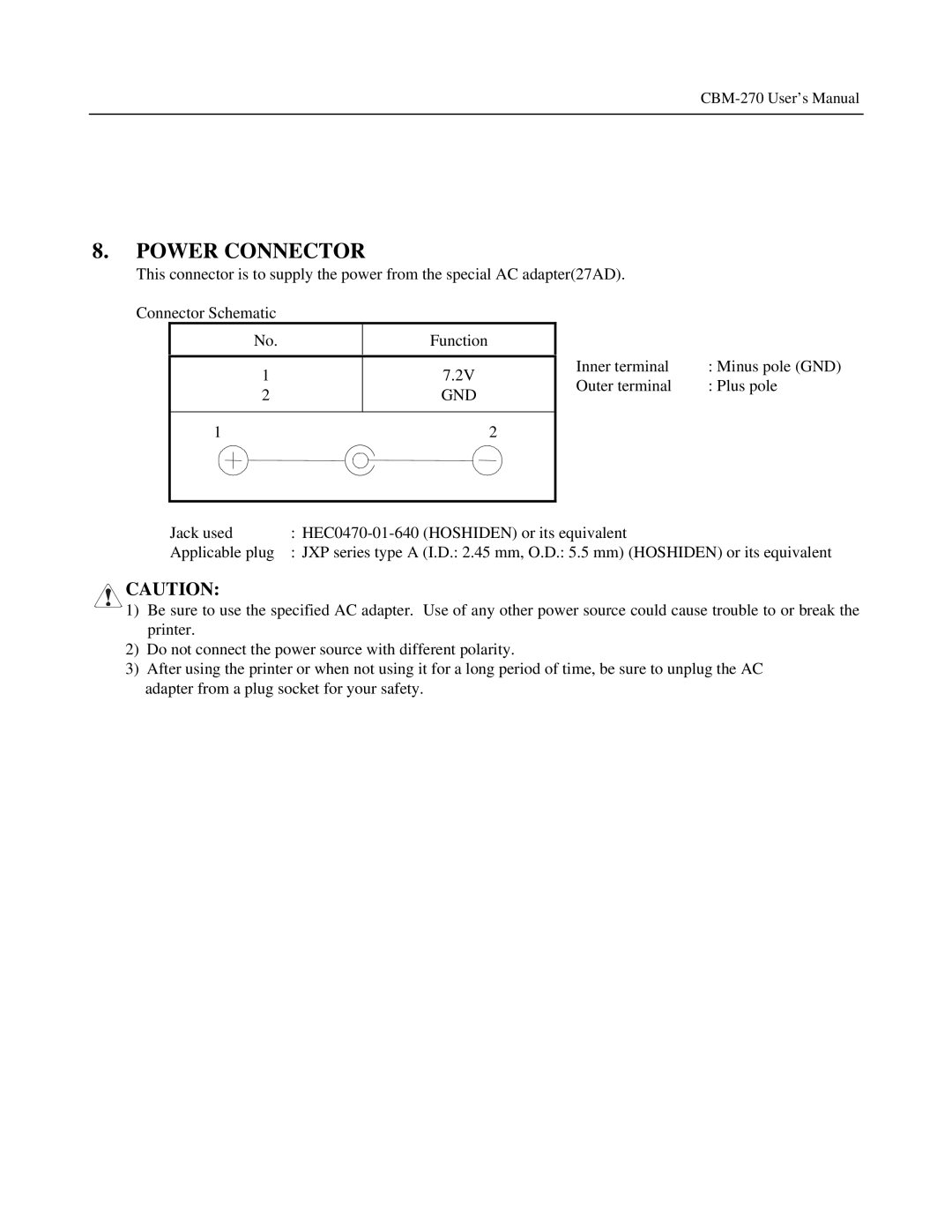 Citizen Systems CBM-270 user manual Power Connector, Gnd 