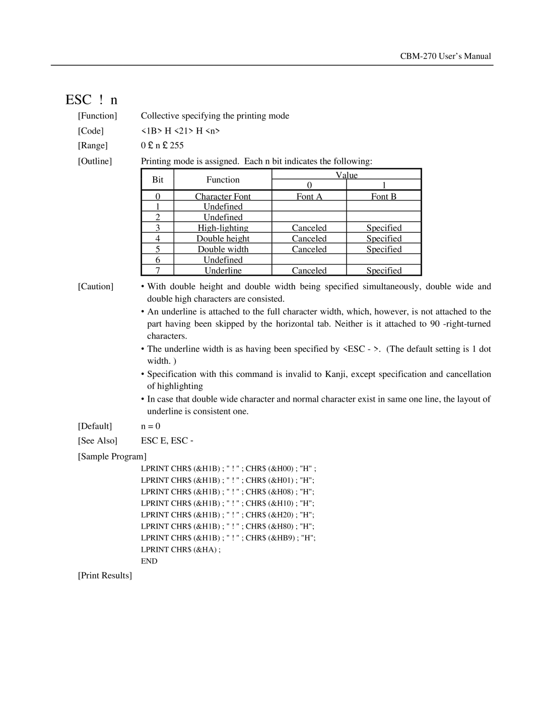 Citizen Systems CBM-270 user manual ESC ! n 