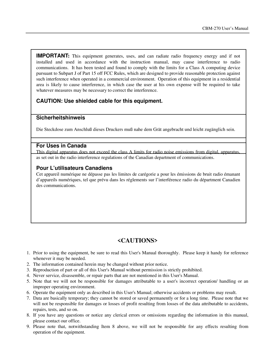 Citizen Systems CBM-270 user manual Sicherheitshinweis 