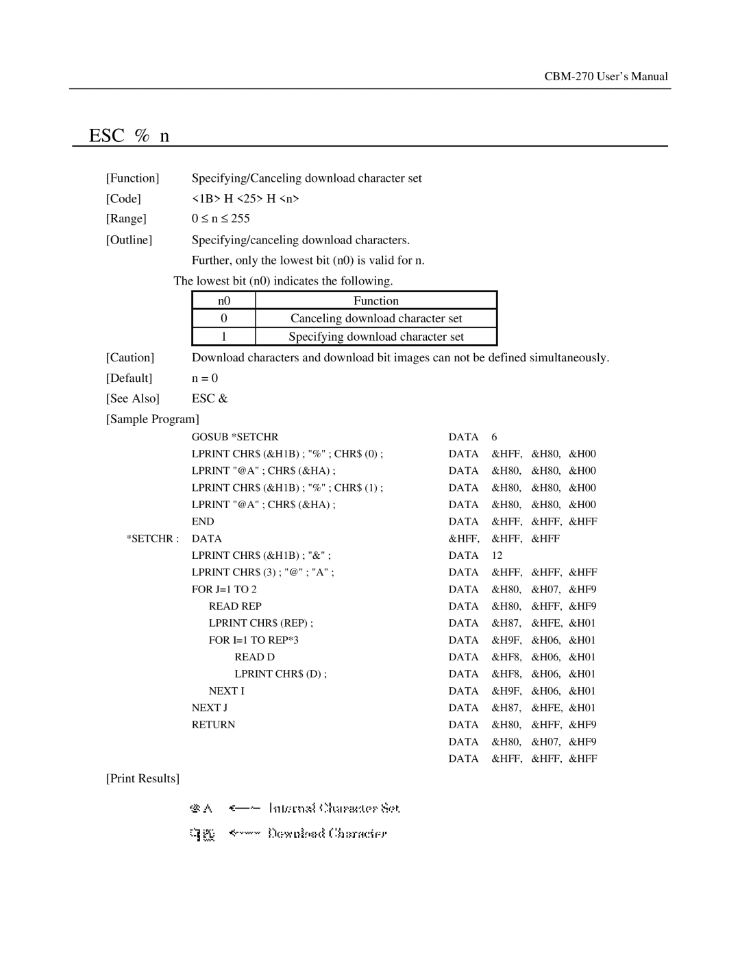 Citizen Systems CBM-270 user manual ESC % n, Esc 