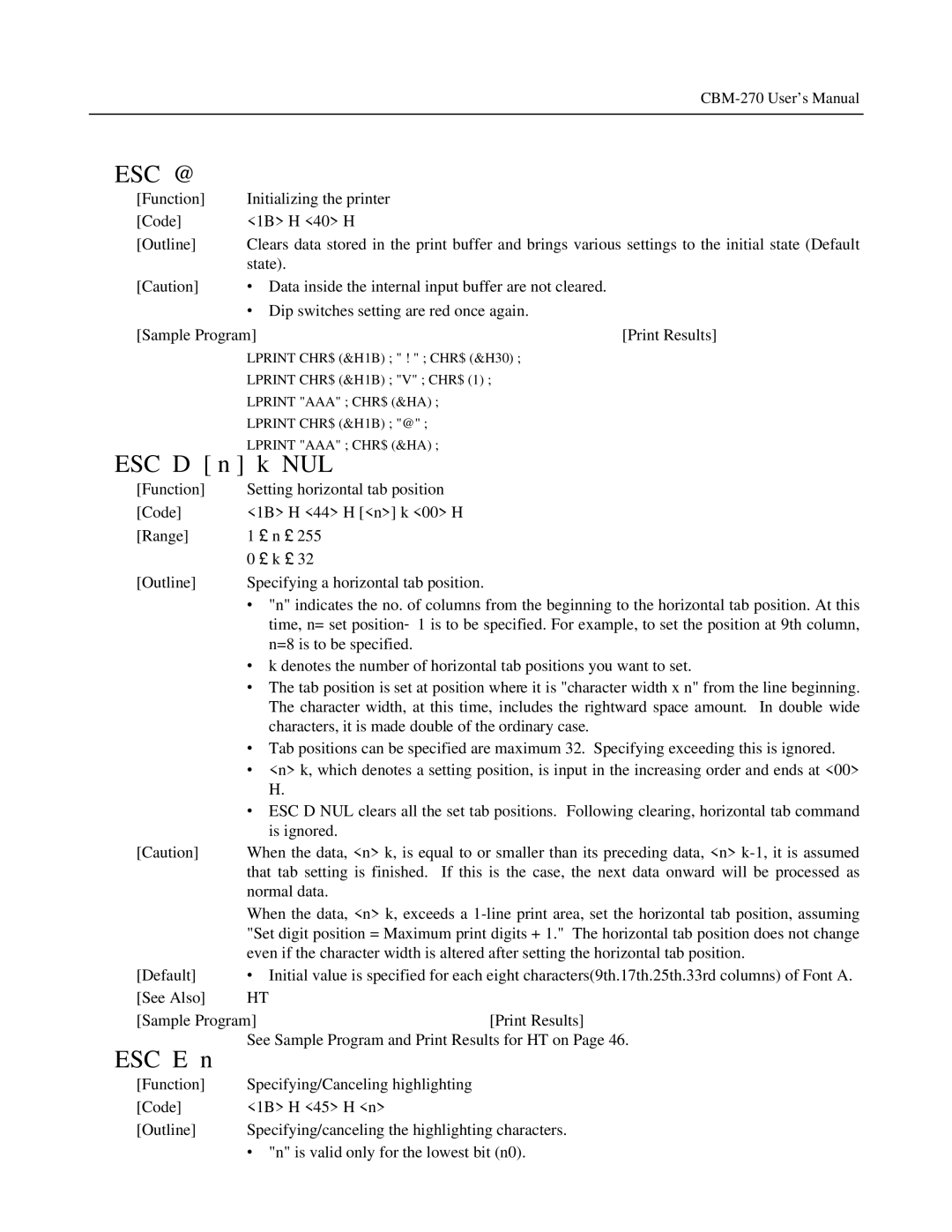 Citizen Systems CBM-270 user manual ESC D n k NUL, ESC E n 