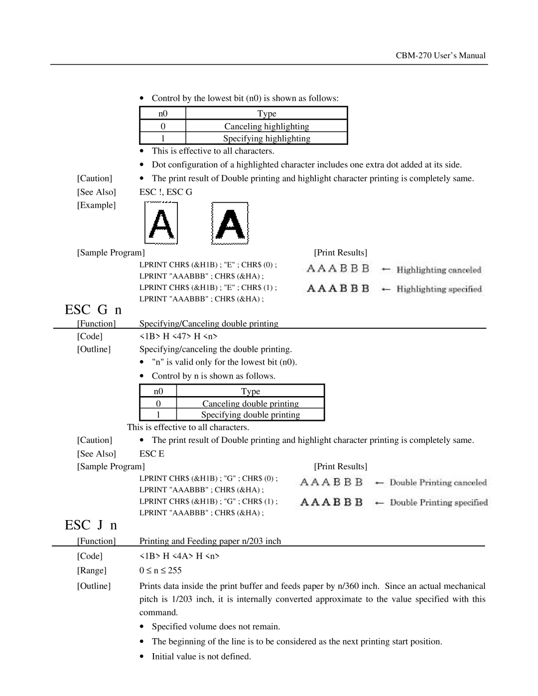 Citizen Systems CBM-270 user manual ESC G n, ESC J n, Esc !, Esc G 