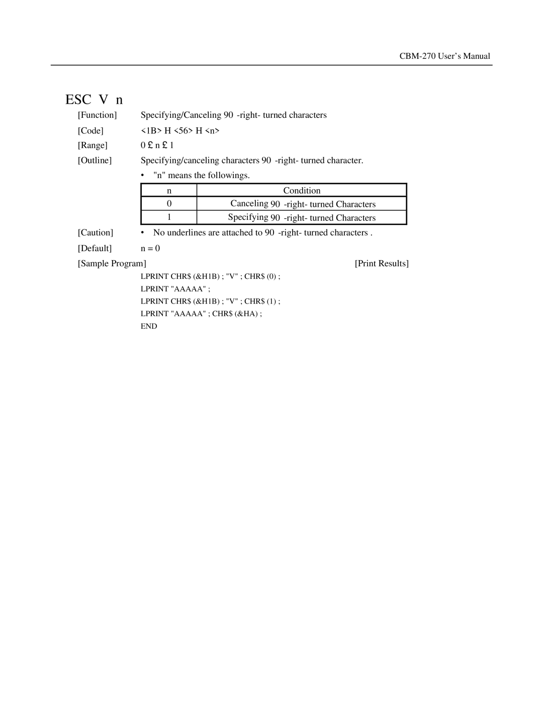 Citizen Systems CBM-270 user manual ESC V n, Default Sample Program 