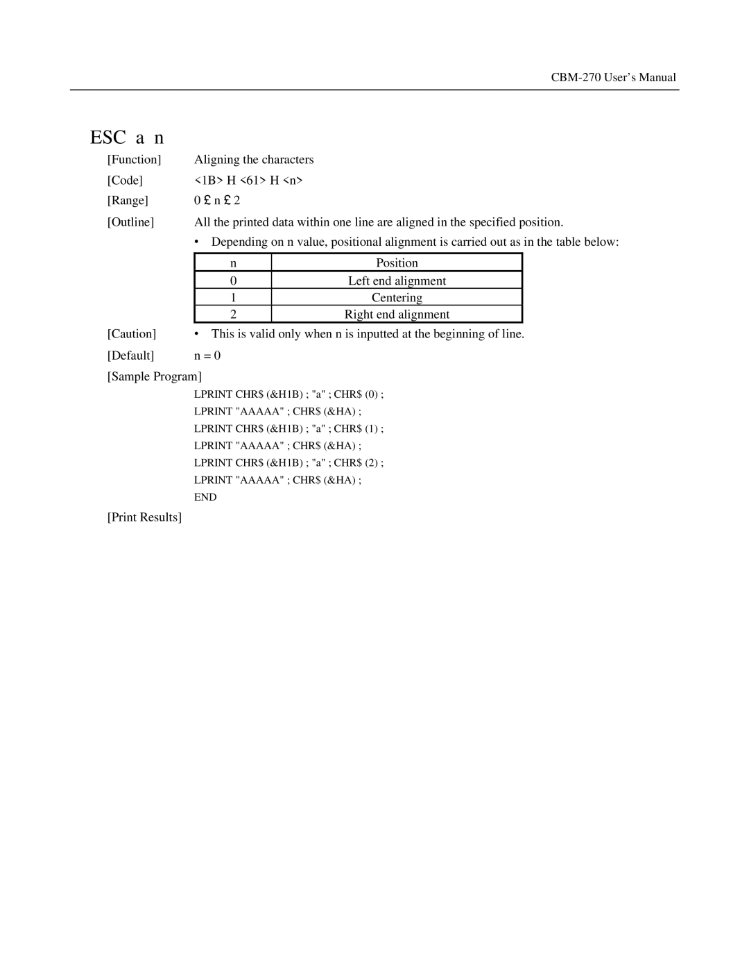 Citizen Systems CBM-270 user manual ESC a n 