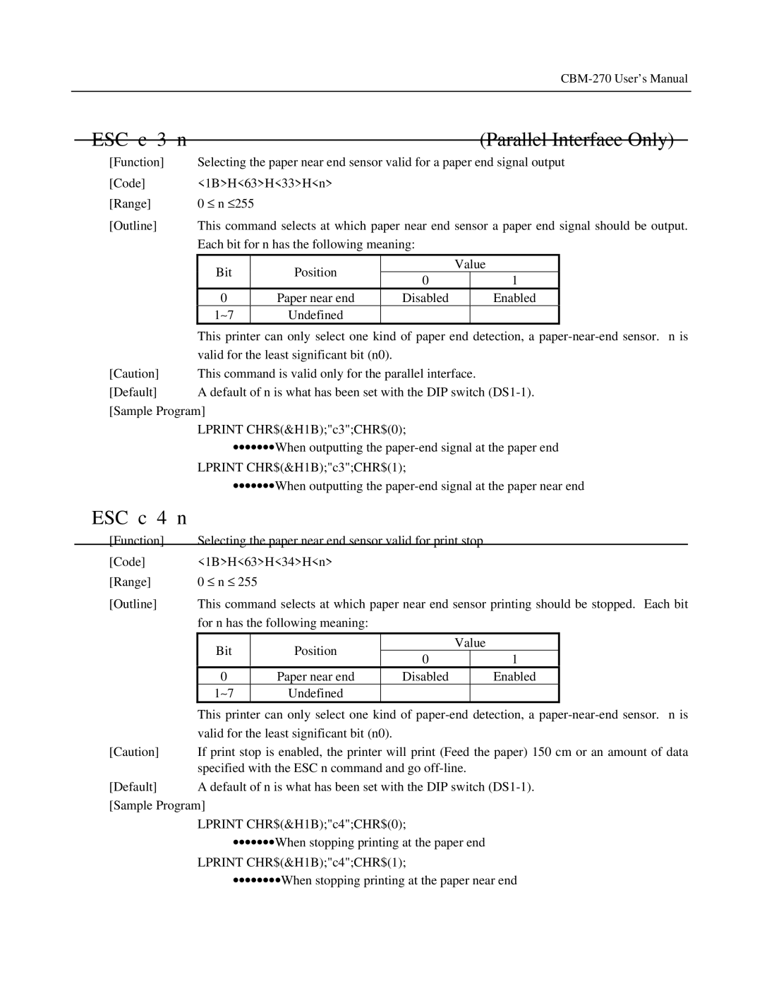 Citizen Systems CBM-270 user manual ESC c 3 n Parallel Interface Only, ESC c 4 n 