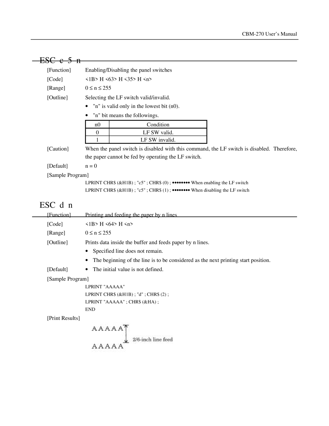 Citizen Systems CBM-270 user manual ESC c 5 n, ESC d n 