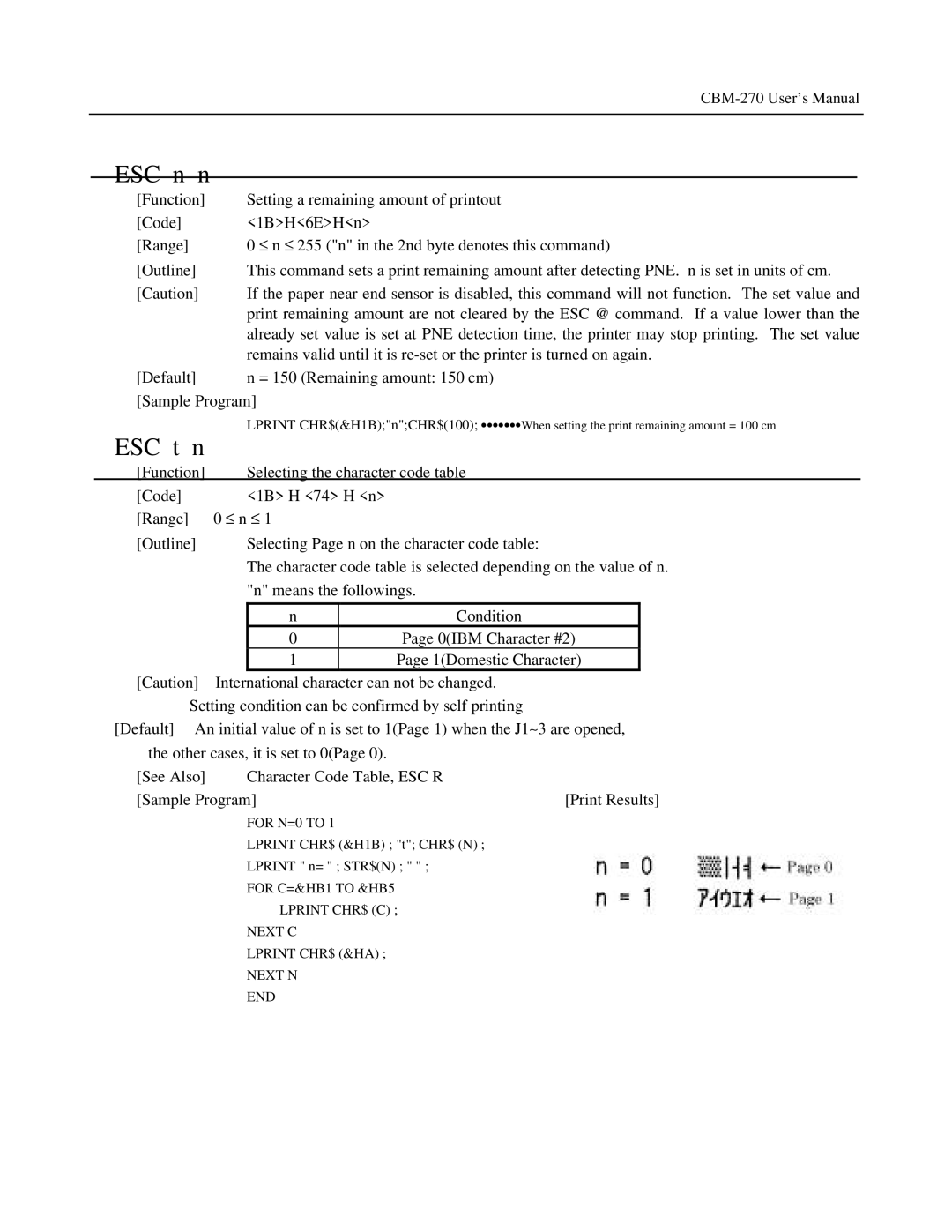 Citizen Systems CBM-270 user manual ESC n n, ESC t n 