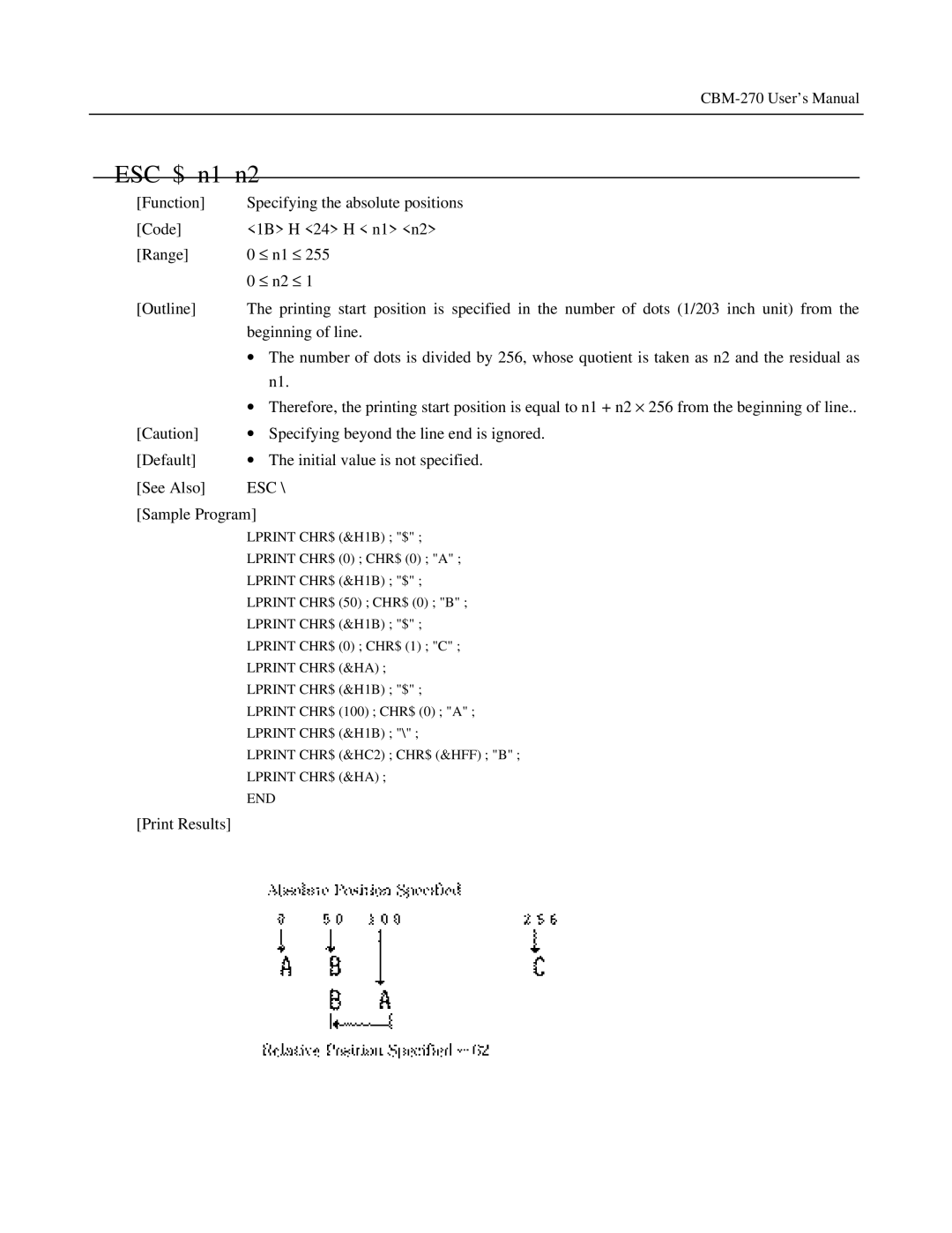 Citizen Systems CBM-270 user manual ESC $ n1 n2, Esc 