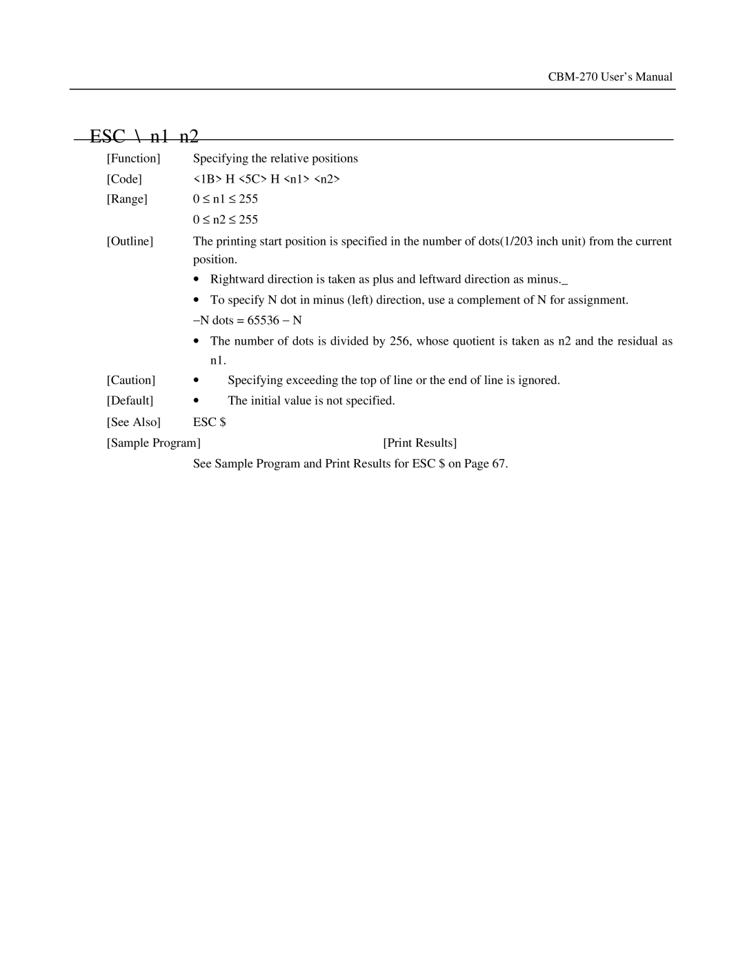 Citizen Systems CBM-270 user manual ESC \ n1 n2, Esc $ 