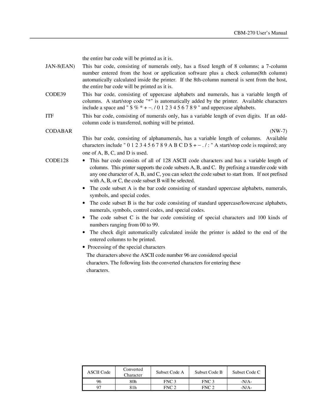 Citizen Systems CBM-270 user manual JAN-8EAN, CODE39, Itf, Codabar, CODE128 