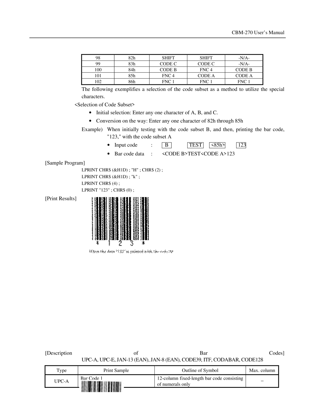 Citizen Systems CBM-270 user manual Test, Code Btestcode A123 