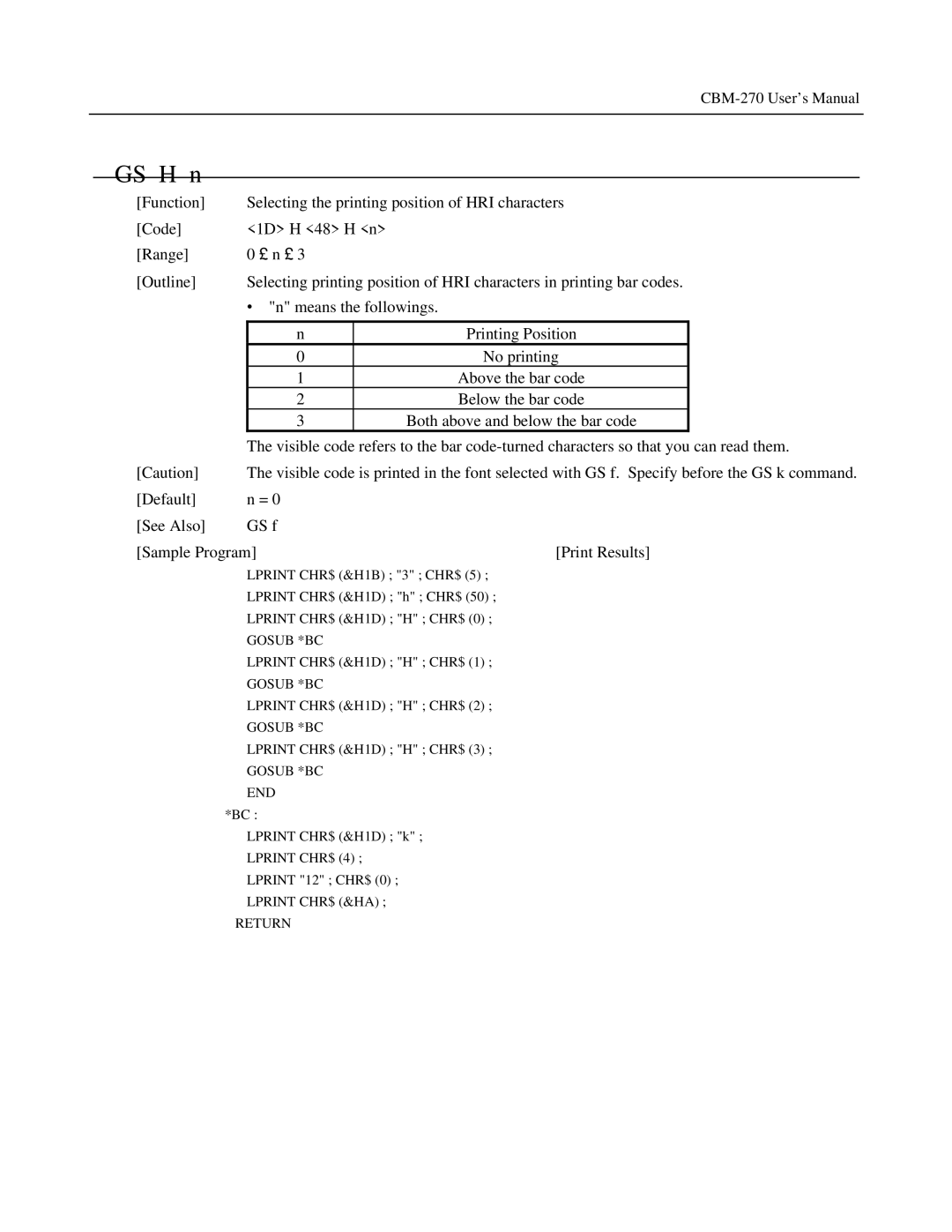 Citizen Systems CBM-270 user manual Default See Also GS f Sample Program Print Results 