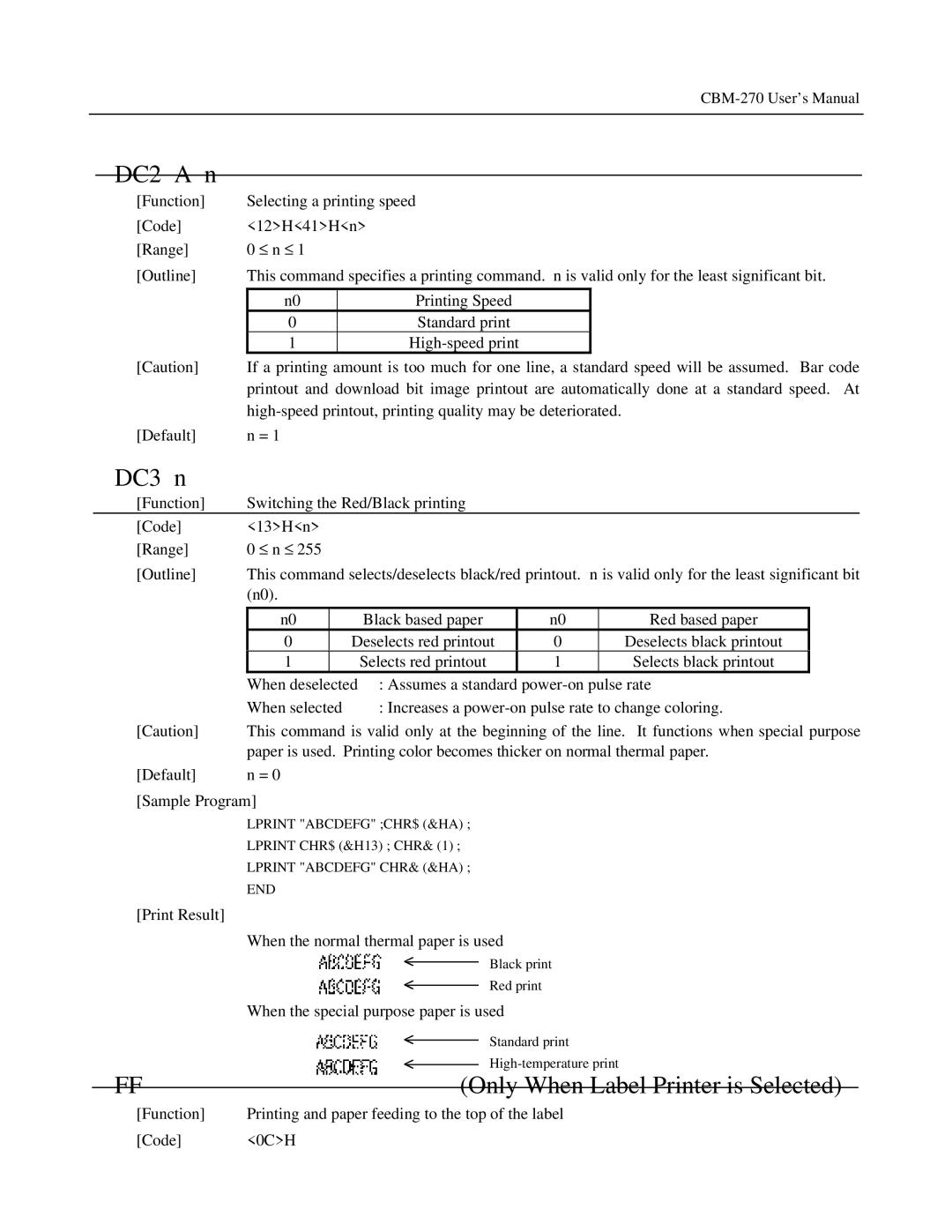 Citizen Systems CBM-270 user manual DC2 a n, DC3 n, Only When Label Printer is Selected 