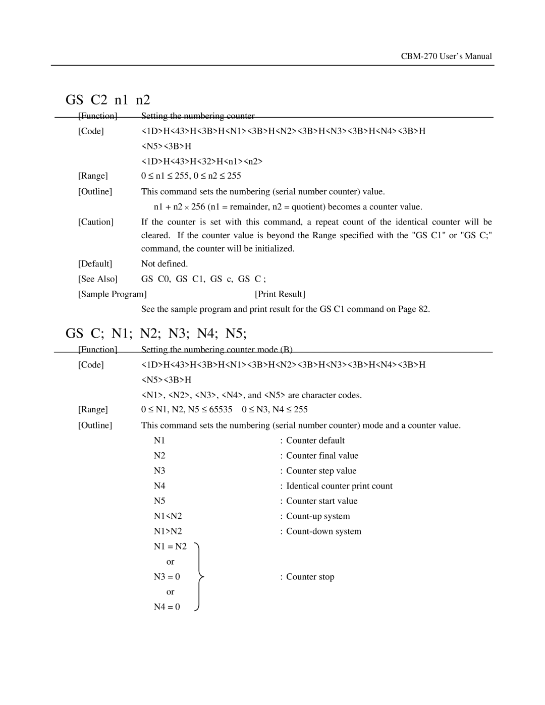 Citizen Systems CBM-270 user manual GS C2 n1 n2, GS C N1 N2 N3 N4 N5 