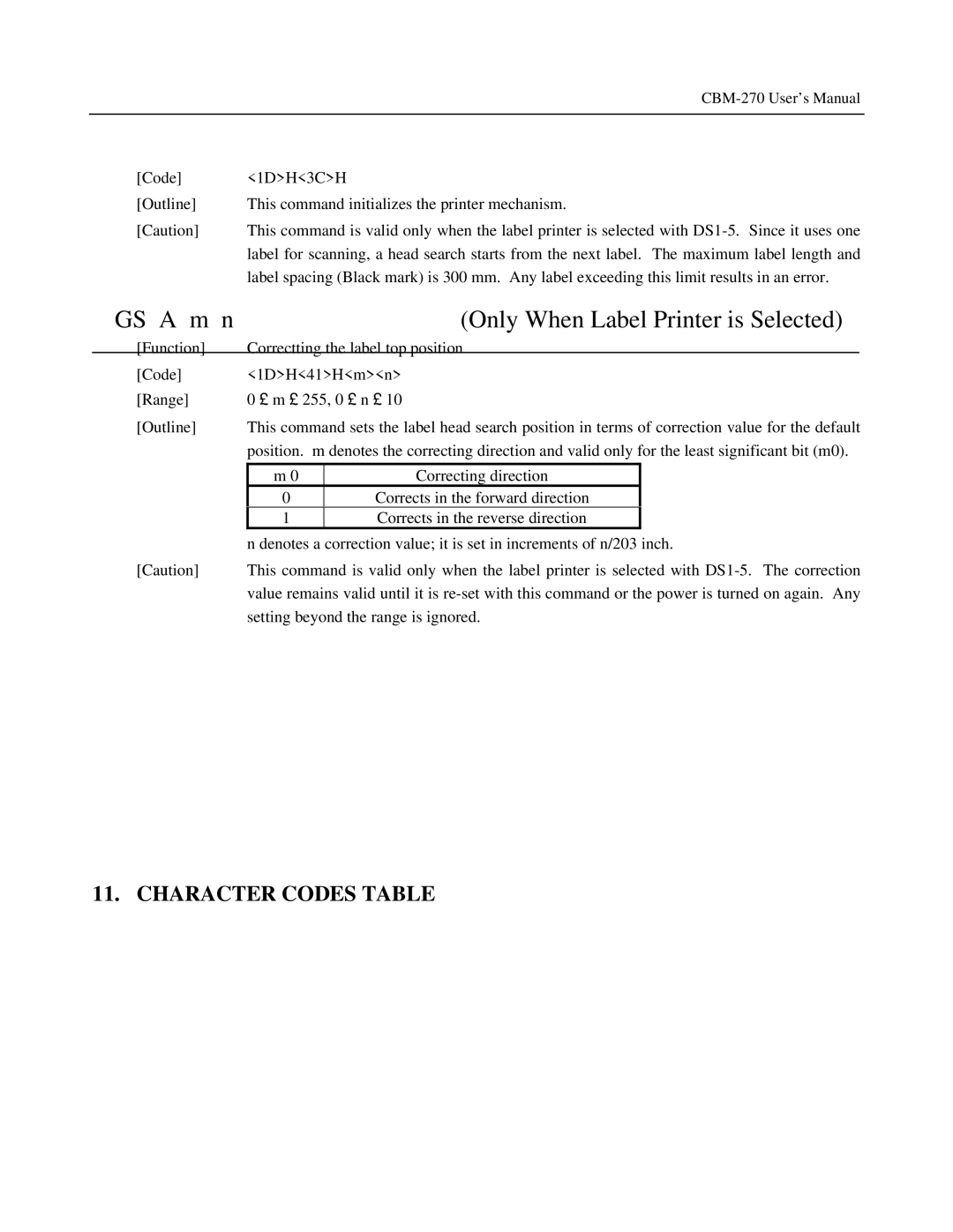 Citizen Systems CBM-270 user manual GS a m n Only When Label Printer is Selected, Character Codes Table 