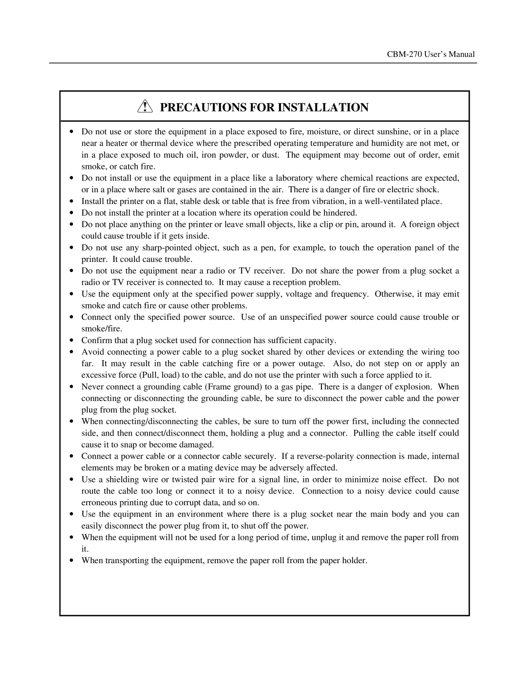 Citizen Systems CBM-270 user manual Precautions for Installation 