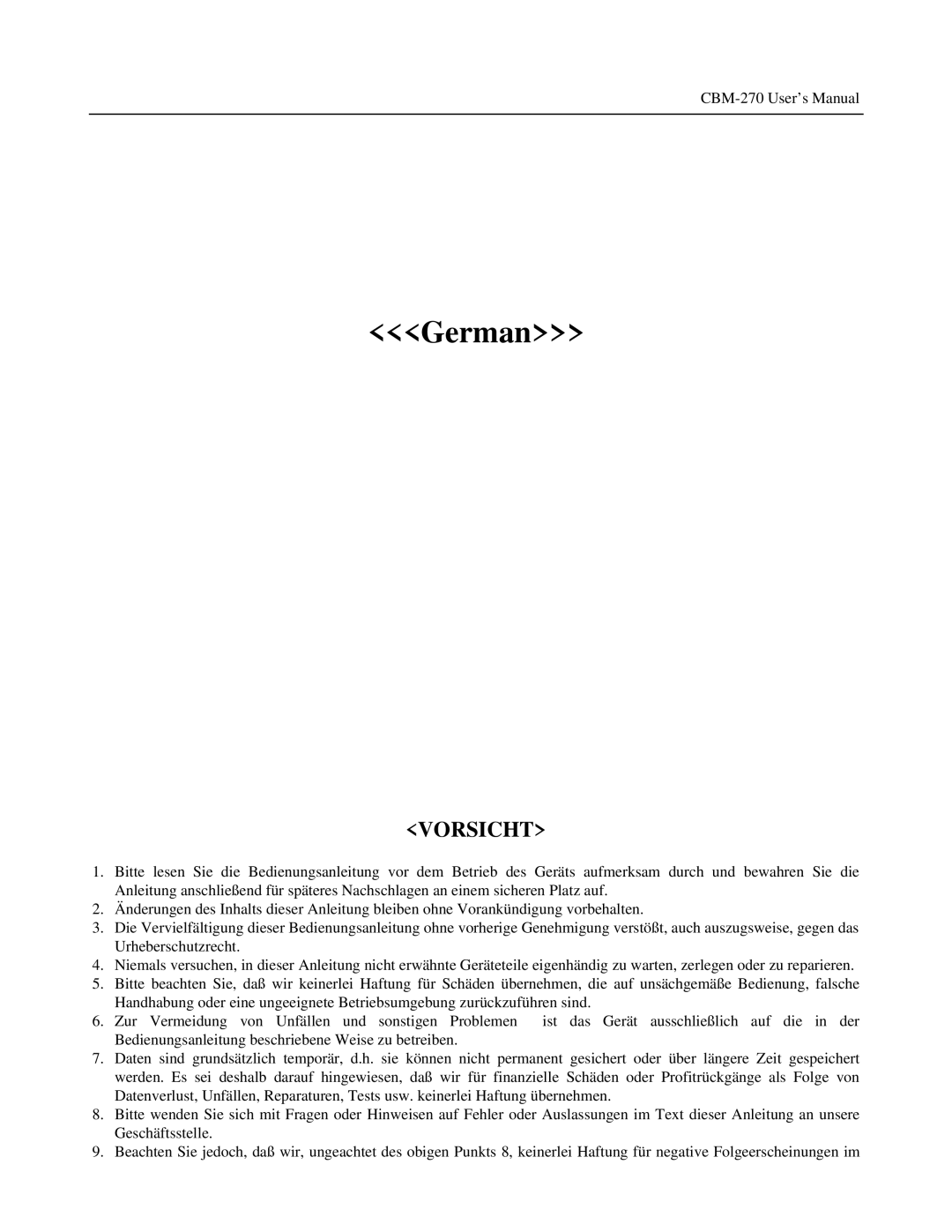 Citizen Systems CBM-270 user manual German, Vorsicht 