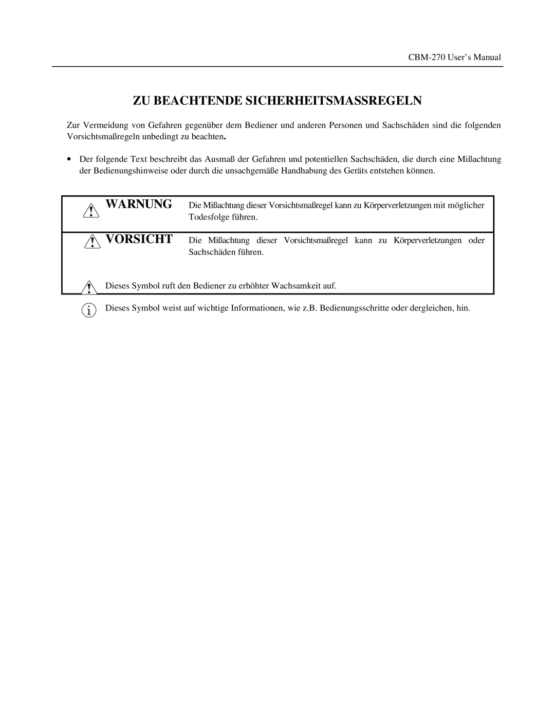 Citizen Systems CBM-270 user manual ZU Beachtende Sicherheitsmassregeln, Warnung Vorsicht 