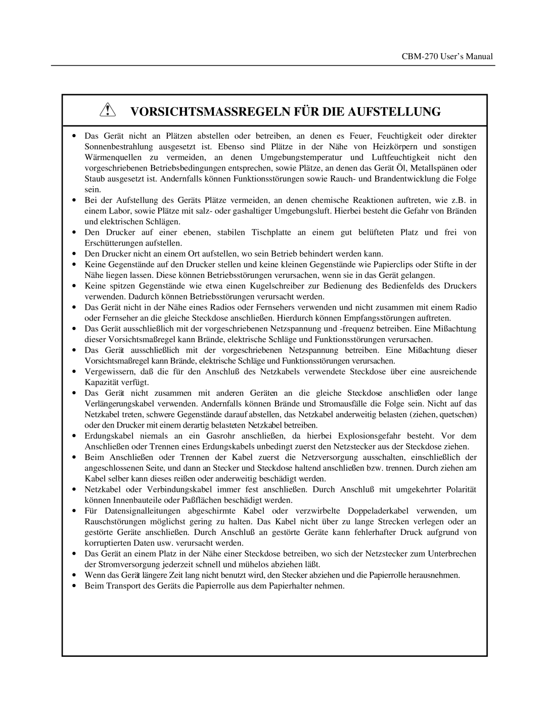 Citizen Systems CBM-270 user manual Vorsichtsmassregeln FÜR DIE Aufstellung 