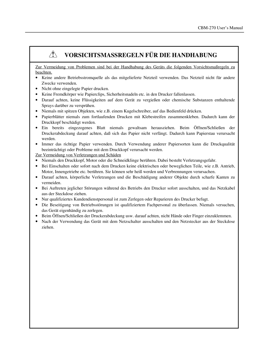 Citizen Systems CBM-270 user manual Vorsichtsmassregeln FÜR DIE Handhabung 