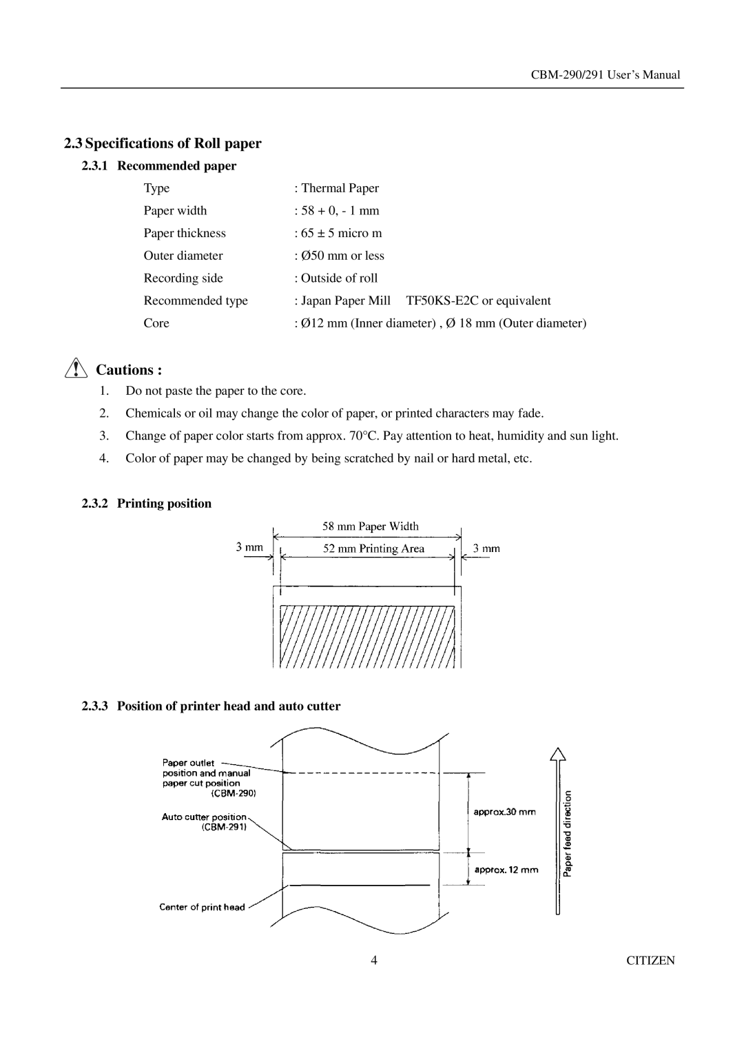 Citizen Systems CBM-290, 291 user manual Specifications of Roll paper, Recommended paper 
