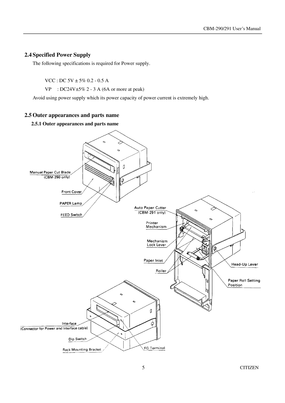 Citizen Systems 291, CBM-290 user manual Specified Power Supply, Outer appearances and parts name 