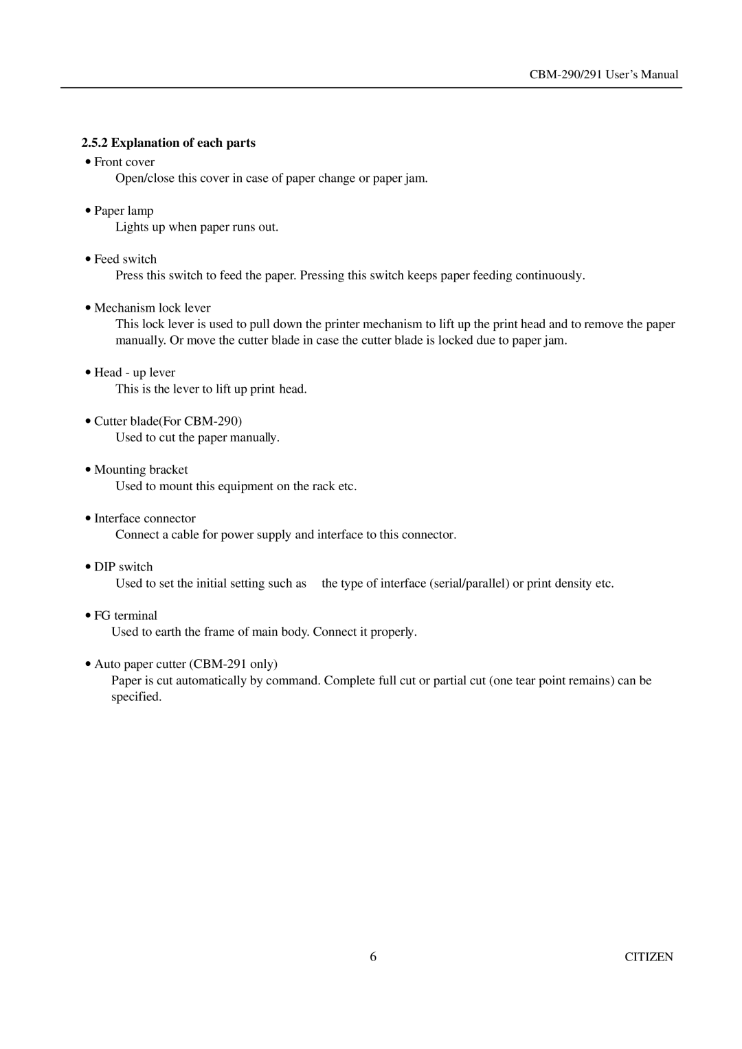 Citizen Systems CBM-290, 291 user manual Explanation of each parts 