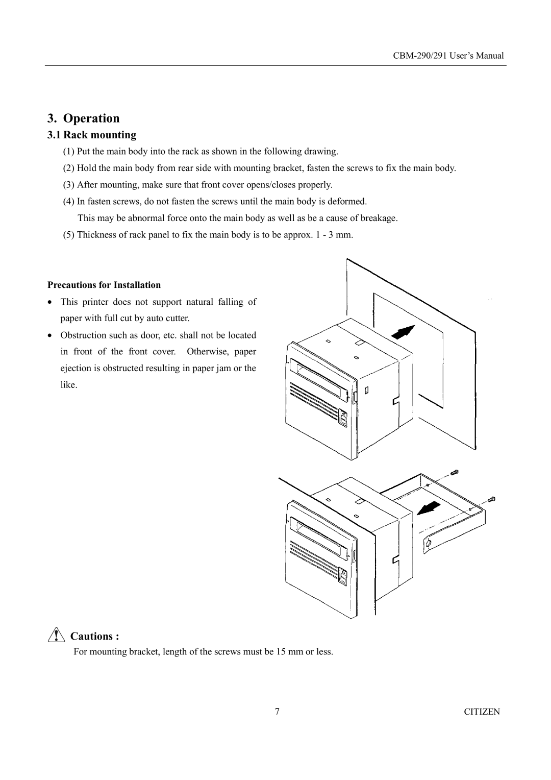 Citizen Systems 291, CBM-290 user manual Operation, Rack mounting 