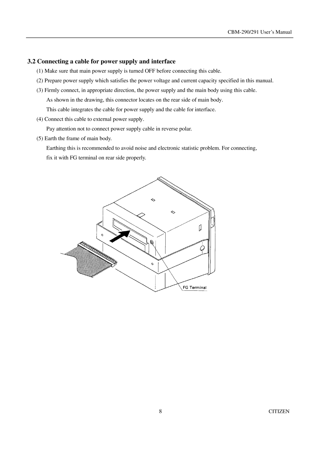 Citizen Systems CBM-290, 291 user manual Connecting a cable for power supply and interface 