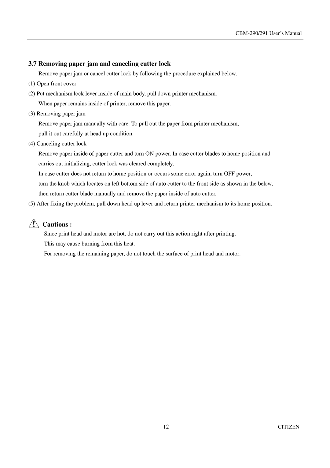 Citizen Systems CBM-290, 291 user manual Removing paper jam and canceling cutter lock 