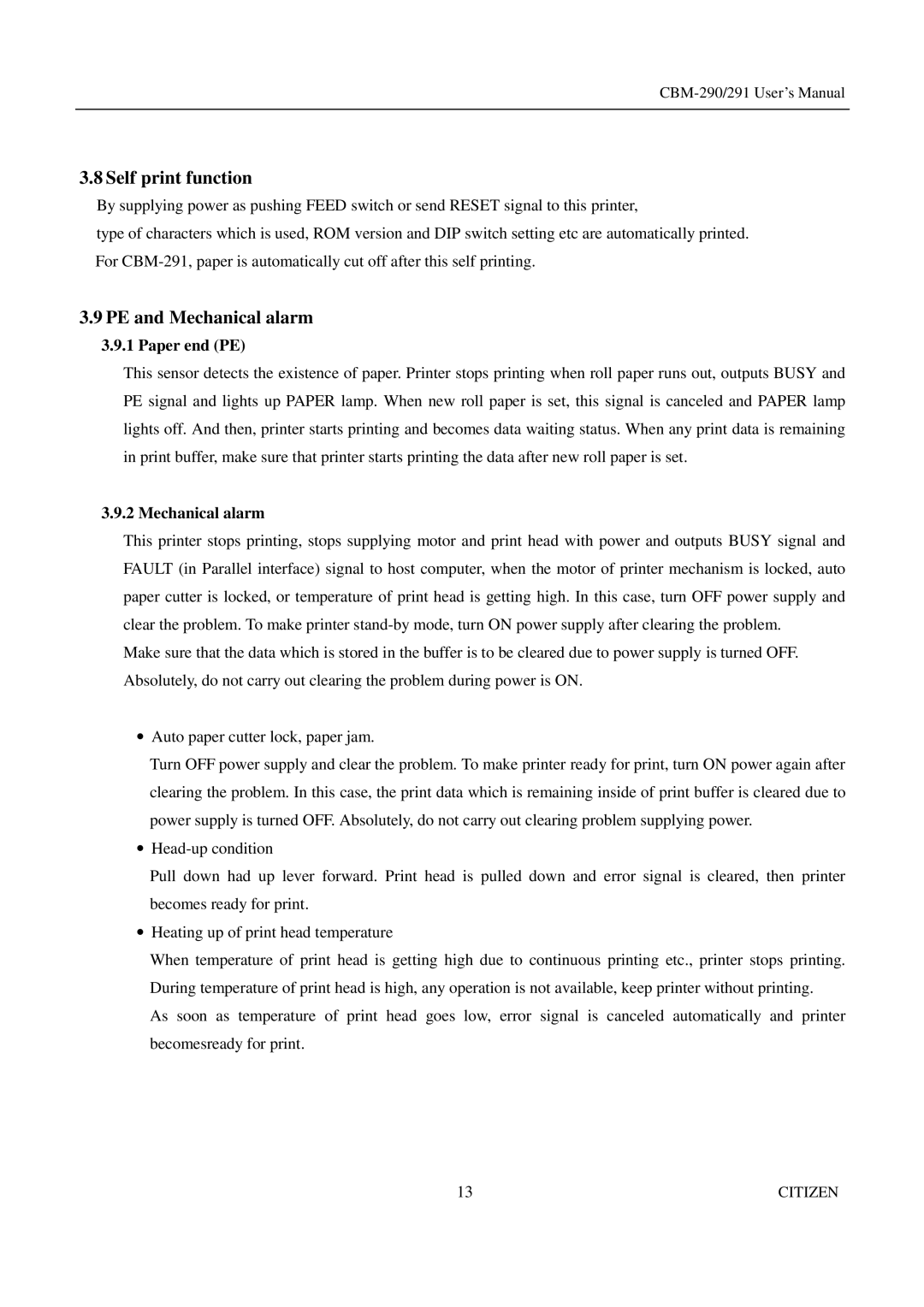 Citizen Systems 291, CBM-290 user manual Self print function, PE and Mechanical alarm 