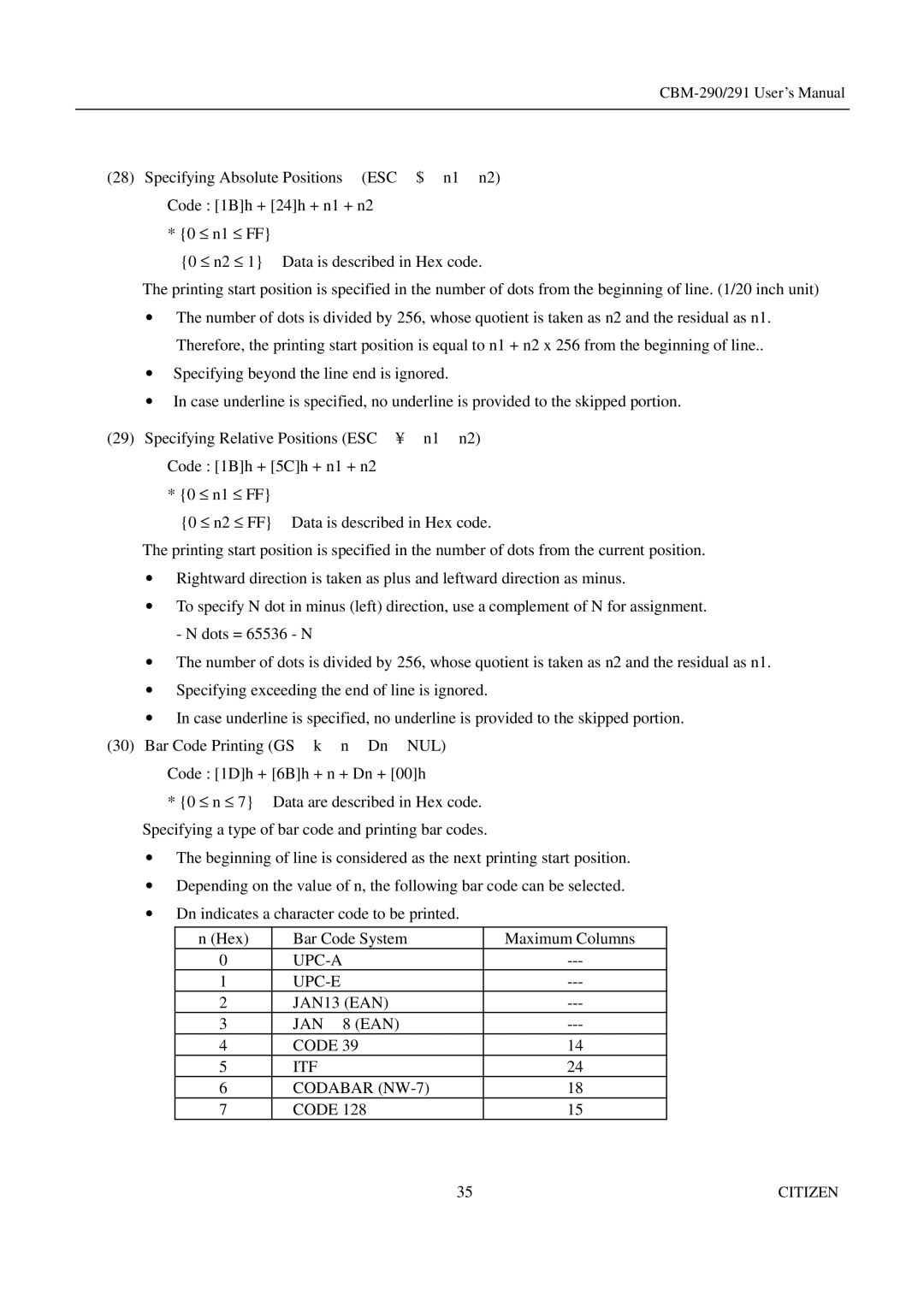 Citizen Systems 291, CBM-290 user manual UPC-A UPC-E JAN13 EAN JAN 8 EAN Code ITF Codabar NW-7 