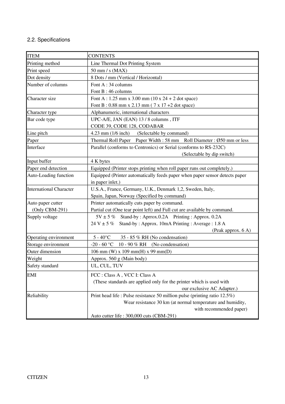 Citizen Systems CBM-291 user manual Specifications, Contents, Code 39, Code 128, Codabar, Ul, Cul, Tuv Emi 