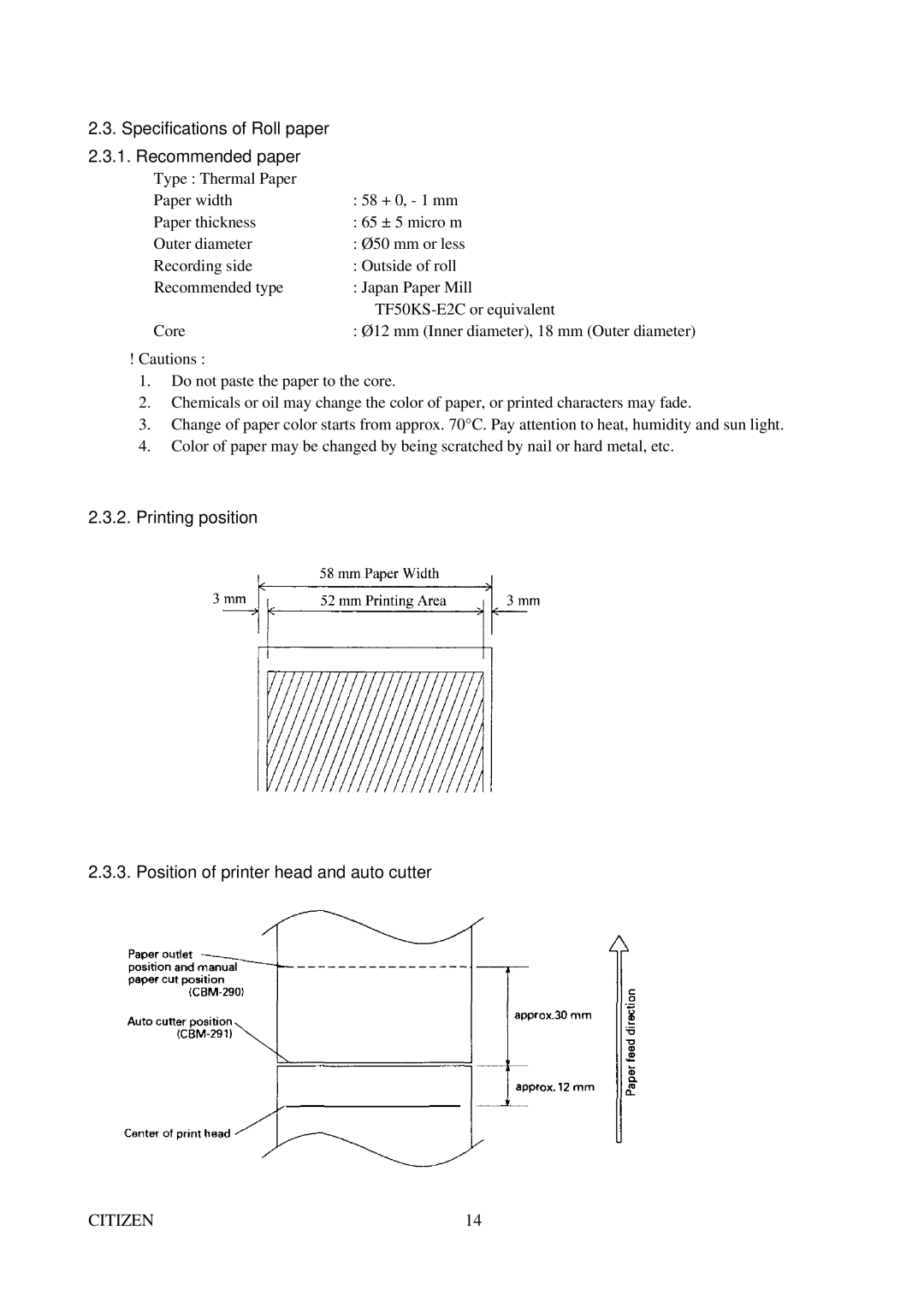 Citizen Systems CBM-291 user manual Specifications of Roll paper Recommended paper 