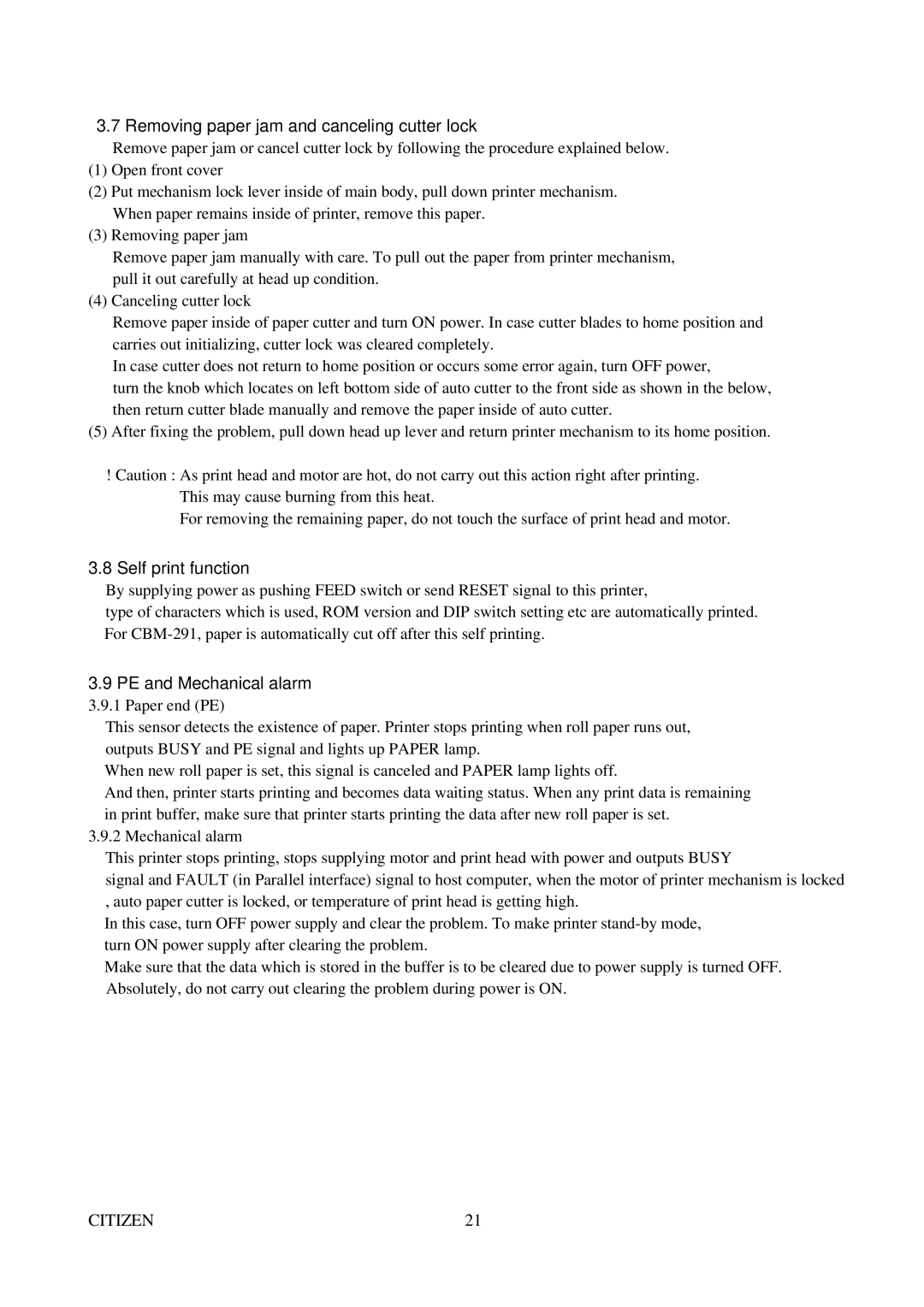 Citizen Systems CBM-291 Removing paper jam and canceling cutter lock, Self print function, PE and Mechanical alarm 