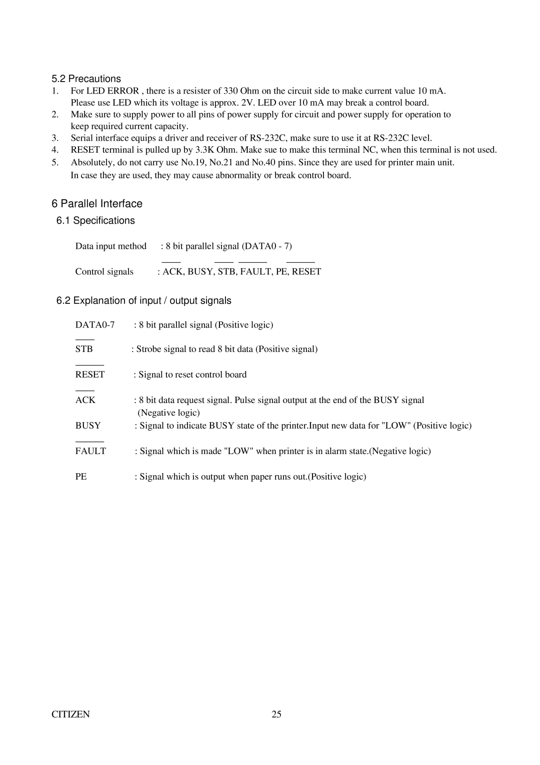 Citizen Systems CBM-291 user manual Parallel Interface, Precautions, Explanation of input / output signals 