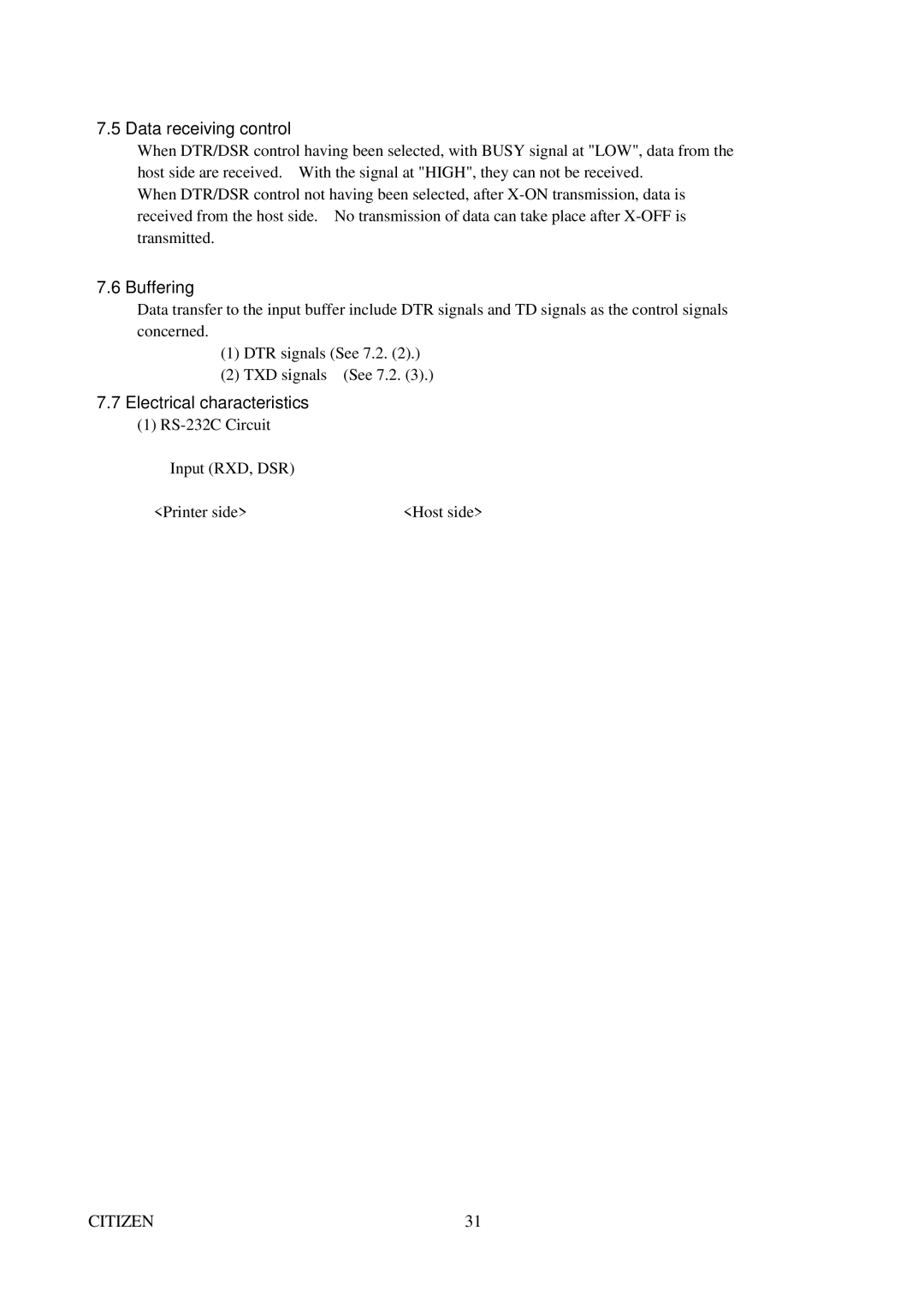 Citizen Systems CBM-291 user manual Data receiving control, Rxd 