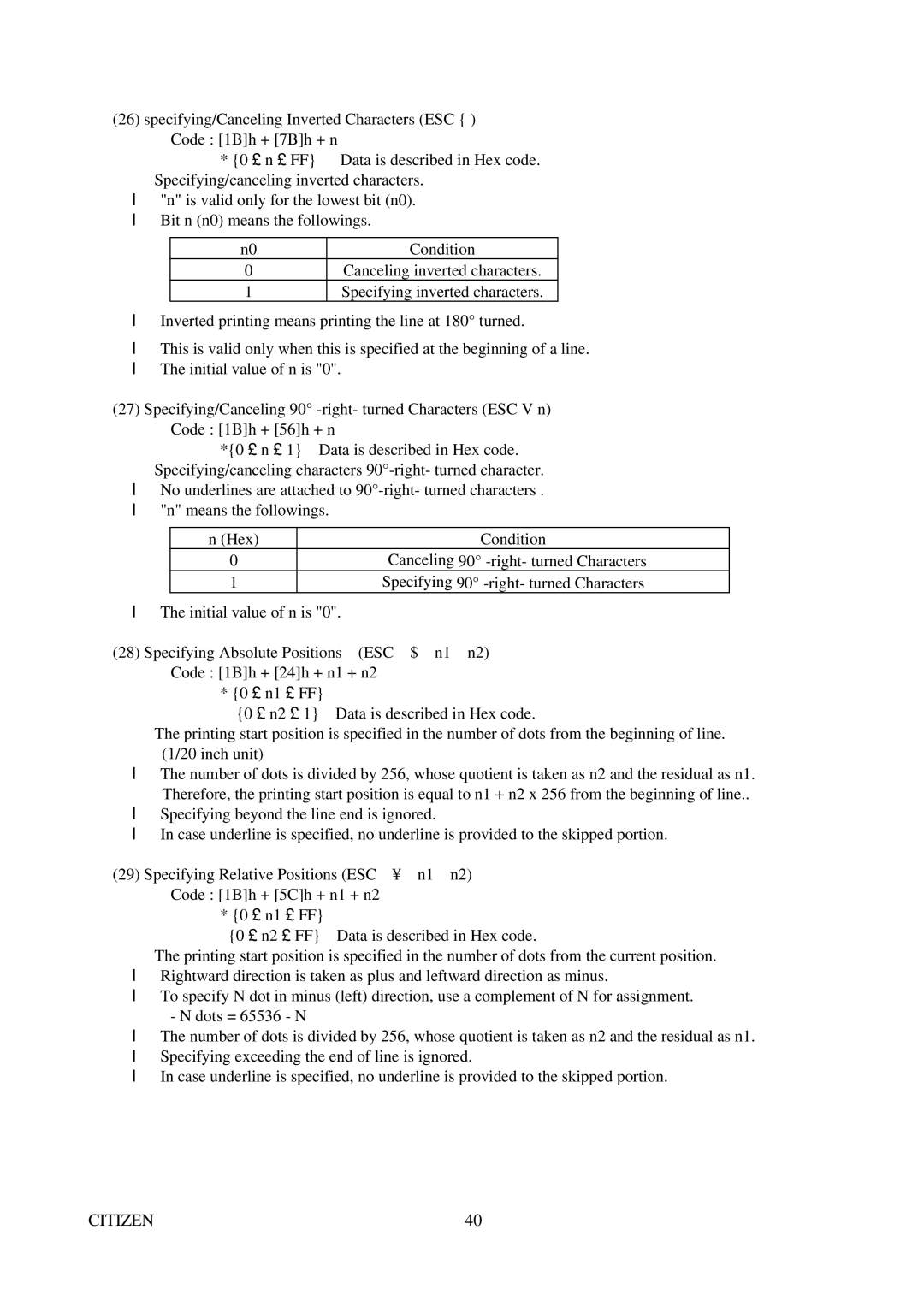 Citizen Systems CBM-291 user manual Specifying inverted characters 