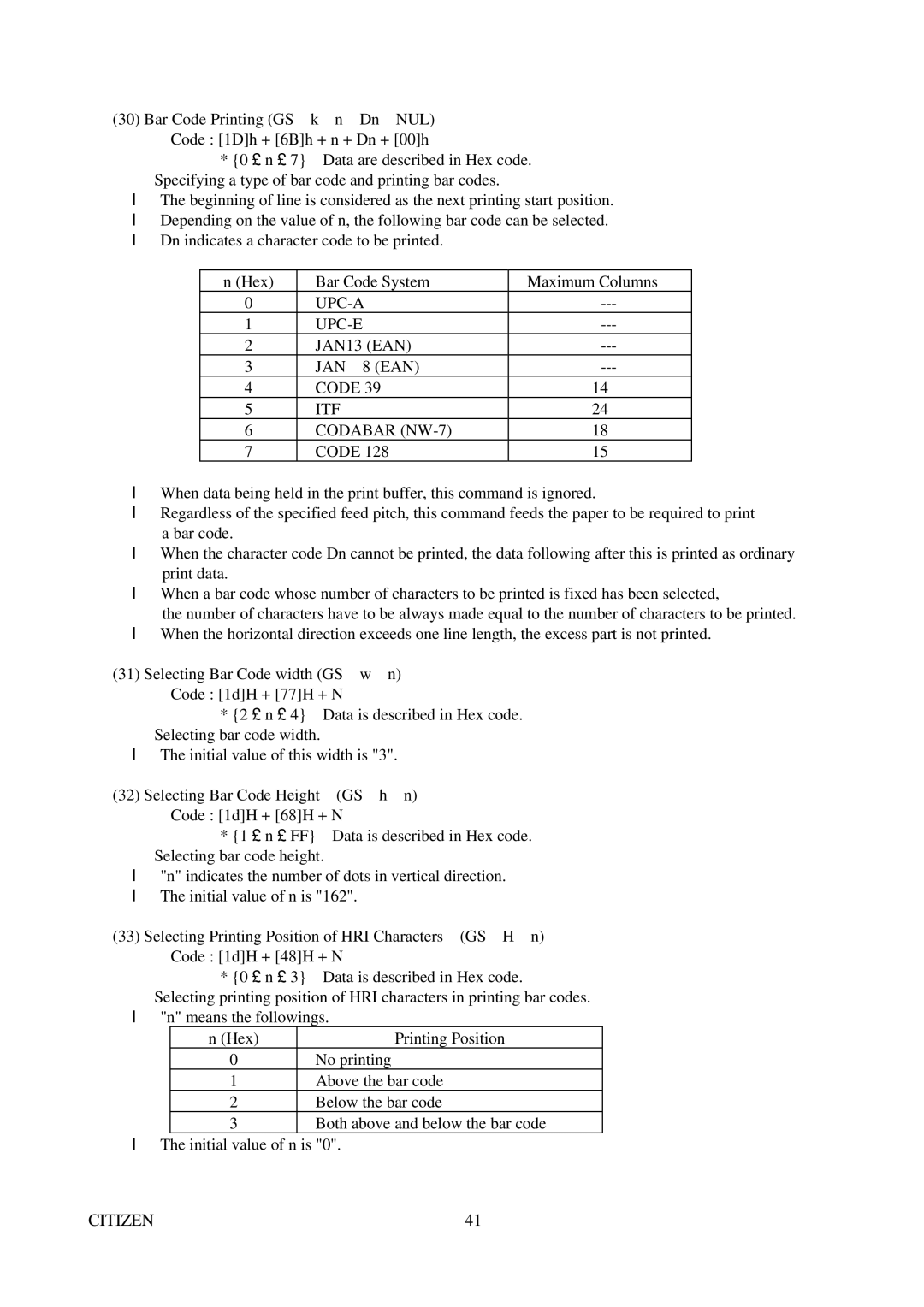 Citizen Systems CBM-291 user manual UPC-A UPC-E JAN13 EAN JAN 8 EAN Code ITF Codabar NW-7 