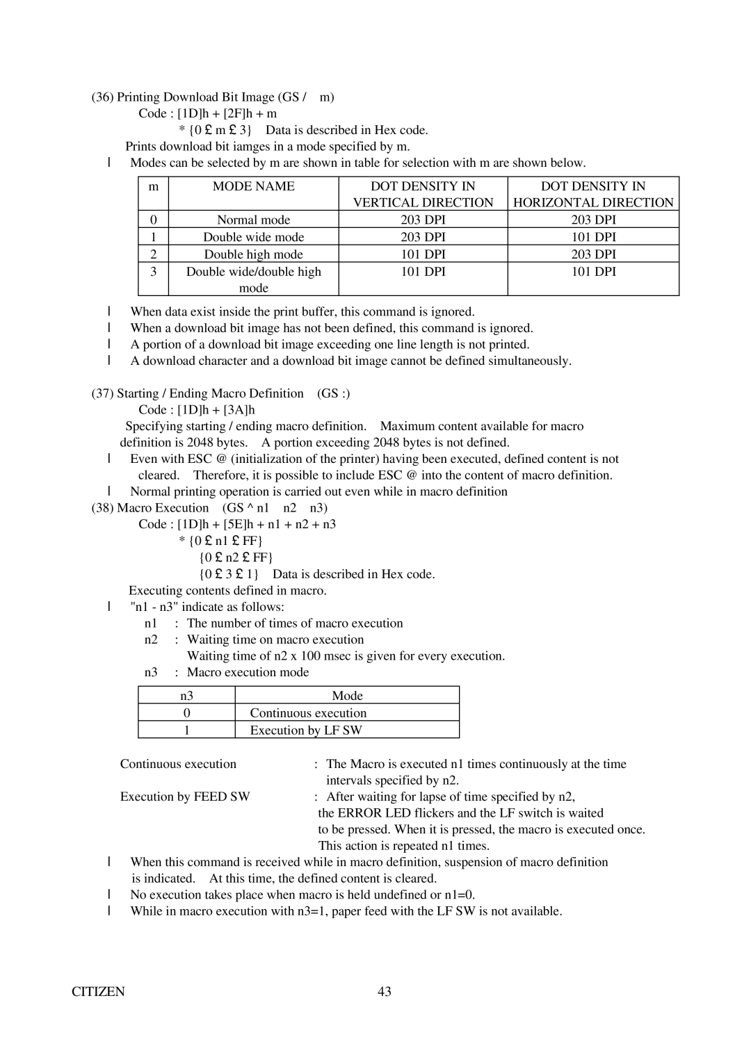 Citizen Systems CBM-291 user manual Mode Name DOT Density 