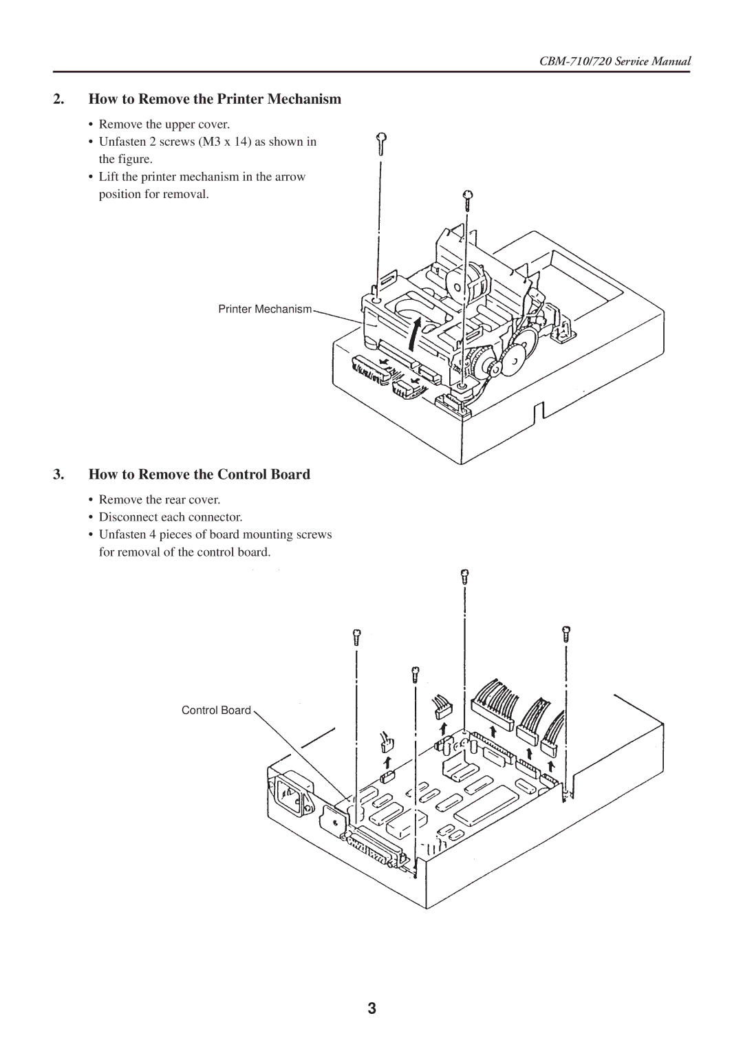 Citizen Systems CBM-710/720 service manual How to Remove the Printer Mechanism, How to Remove the Control Board 